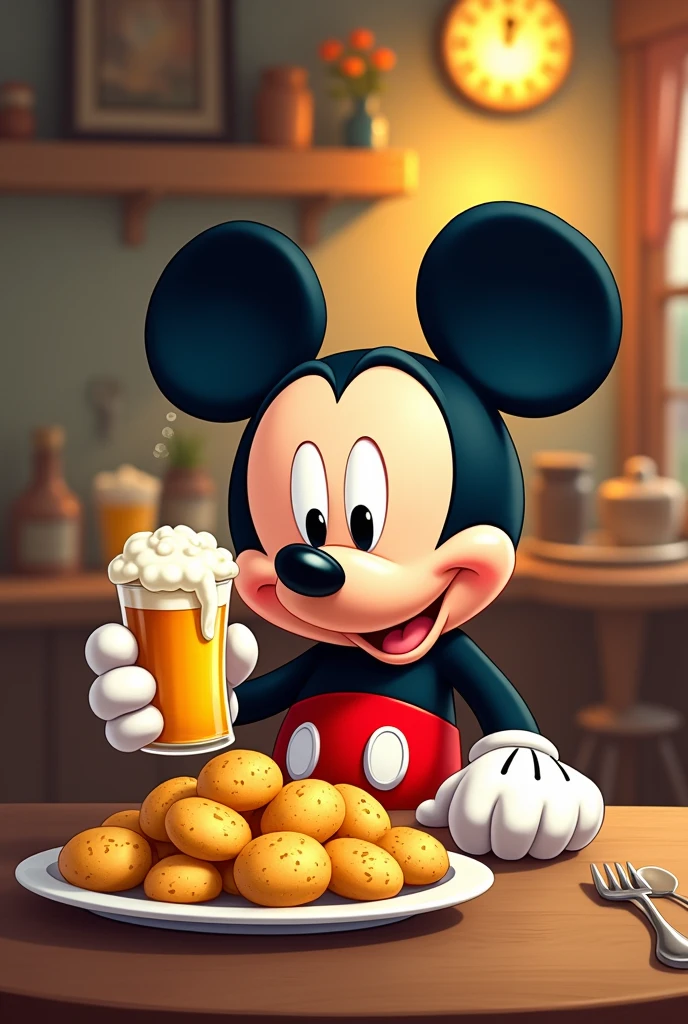 I want you to make a minimalist, 2d, vectorized drawing of mickey mouse drinking beer, drunk and colorful