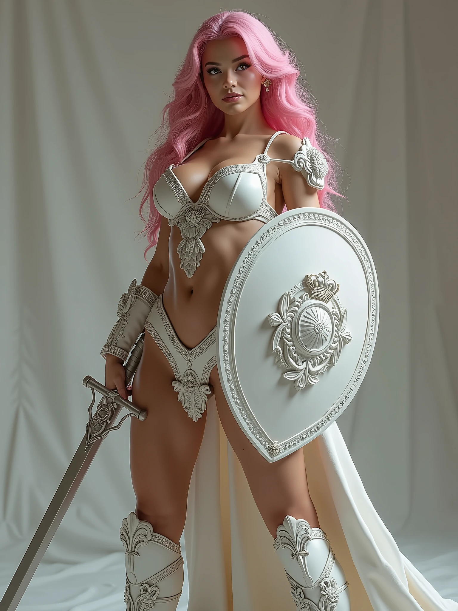 An Amazon posing with confidence and courage. Body: the face is like Christina Hendricks. She has a very long pink wavy hair. The breasts are big and voluptuous and hips are very strong and toned. The waist is tiny. Her body is voluptuous and delicate. Clothes: Amazon armoured suit. The armor is bright metallic brown with white and blue flowers details. She has a long sword and a shield with crown relief symbol. Image style and definition: ultra realistic photo, feminine figure, portraits, Reductionist form, mujercore. Background: Infinite white room.