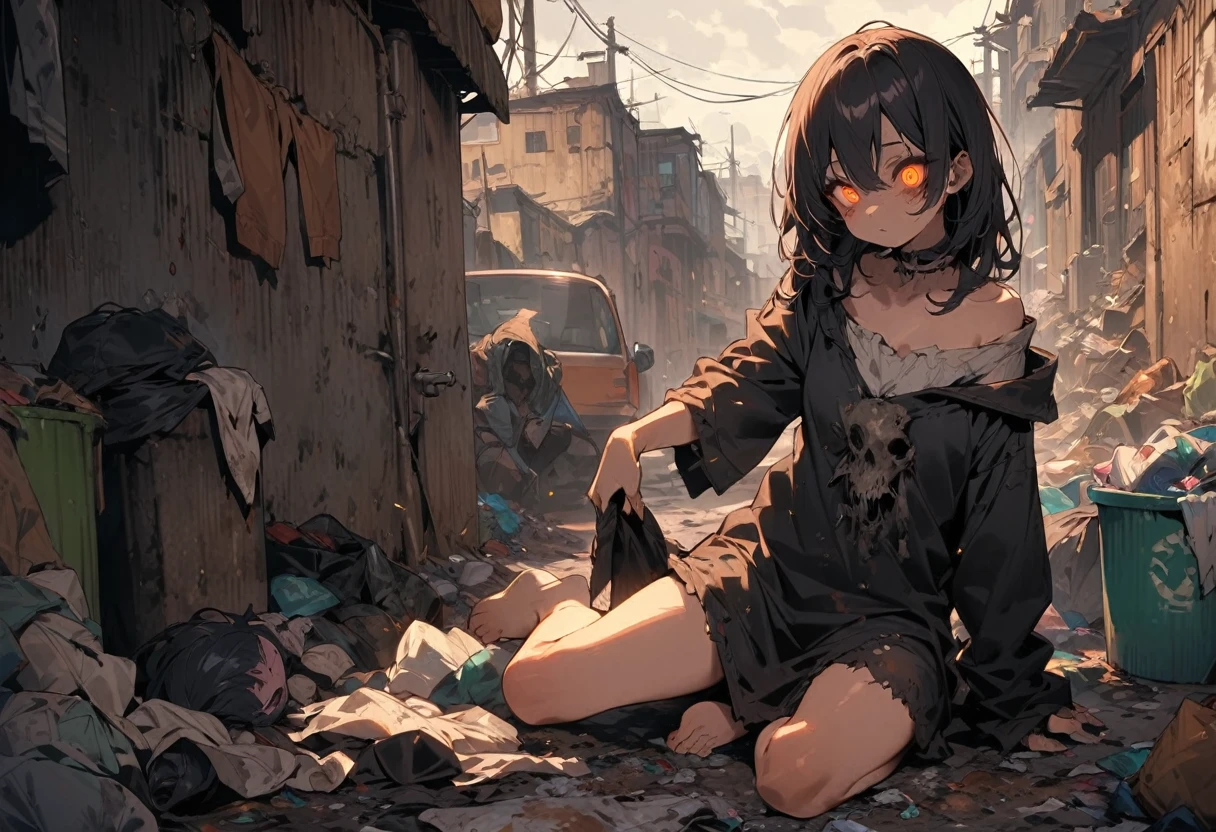 High resolution, masterpiece, Highest quality, Gothic Horror, Half demon girl, Alien, Glittering eyes, Scavenging through trash, Wearing rags, barefoot, corrosion, Slums, Garbage dump, 