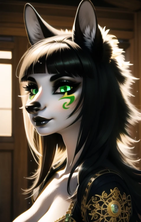 beautiful detailed girl with white and black fur, green eyes, animal nose, big breasts, full body, masterpiece, best quality, photorealistic, 4k, 8k, hyper detailed, highly detailed, realistic skin, realistic hair, beautiful detailed face, extremely detailed eyes, beautiful detailed lips, long eyelashes, elegant pose, cinematic lighting, intricate details, striking colors, dynamic composition, hyperrealistic, award winning art