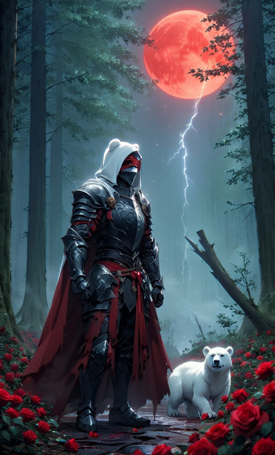 Male knight with a white hood with bear ears with sword behind his back sits on the ground towards a polar bear in a forest while the moon shines, many Roses cover the ground and lightning falls from the sky. The polar bear sleeps in front of the knight. Only the man wears a red blindfold. In the background of the picture is the blood moon and a tree has fallen down in the path. The forest is full of trees with leaves. The armor of the man is black and red roses decorate it. The knight smells on a rose.