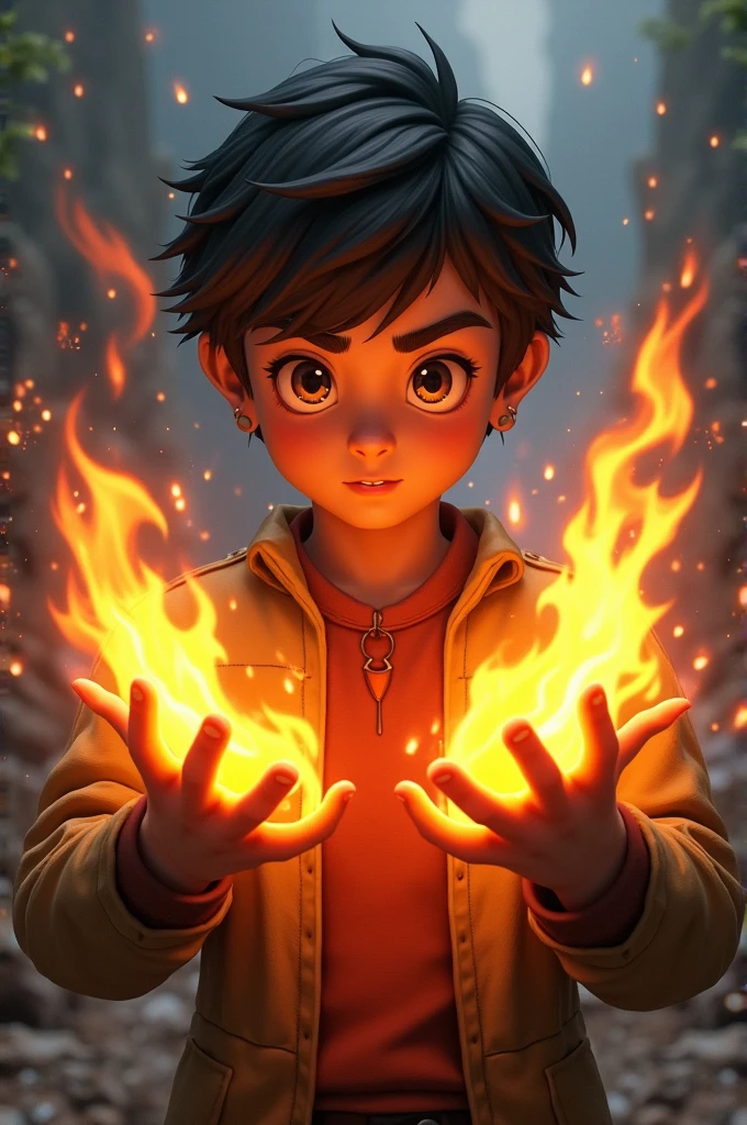 (best quality:1.2,ultra-detailed,realistic:1.37),a -yeld boith fire powers,shooting a burst of fire,fire emanating from his hands,deep in a forest on fire,the sun shining very brightly in the east.
