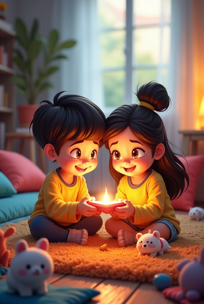 A girl in is tieing rakhi to his brother and brother is giving gift to his sister