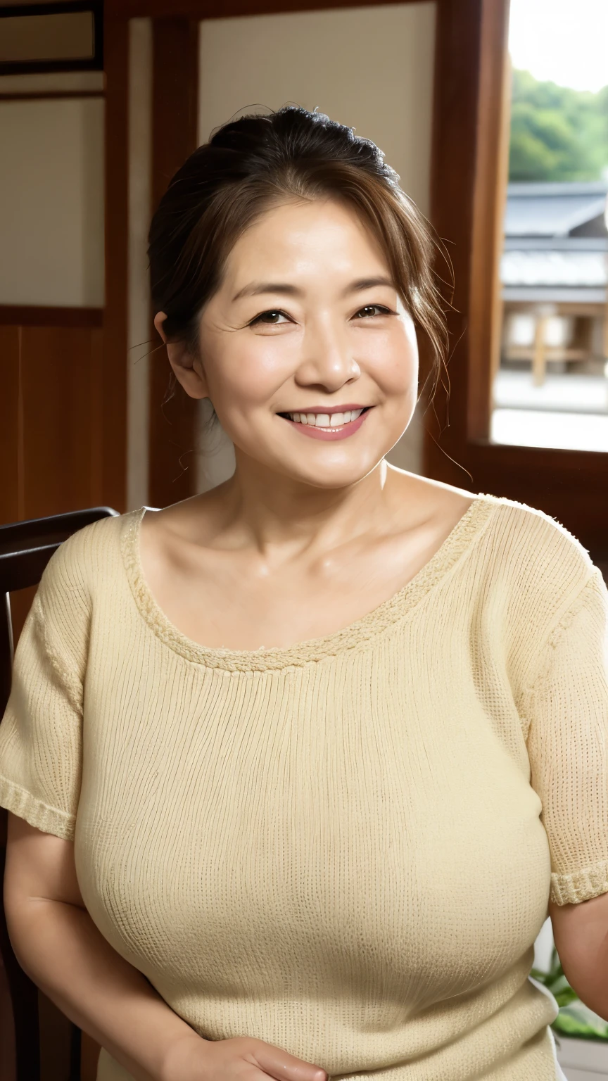 独奏, gravure, masutepiece:1.4, high-level image quality:1.4,Bright environment:1.5, Staring at this, Center the screen, ((Erotic)):1.3, Colossal tits, , Medium close-up, exposing the skin, A sexy, 65 years old