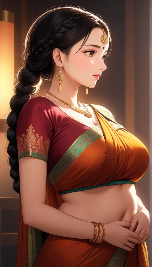 (mature renowed actress at age of 30 in single hair braid and silk saree saree with intricate patterns side view,  with ugly fat bald old man staring at her, and she is staring at the man, in casual clothes in room , long jhumka earrings, beautiful face, navel, bangles, saggy breasts, photorealistic, 8k, hyperdetailed, vibrant colors, studio lighting, masterpiece, cinematic composition, dramatic lighting, intricate details, highly realistic skin textures, volumetric lighting, beautiful intricate jewelry, warm color palette, natural lighting, elegant pose, beautiful detailed expression, hyper realistic rendering, seamless blending, flawless skin, glowing skin, delicate features, breathtaking realism, striking composition),tall , necklace, bangles ,navel,full body view