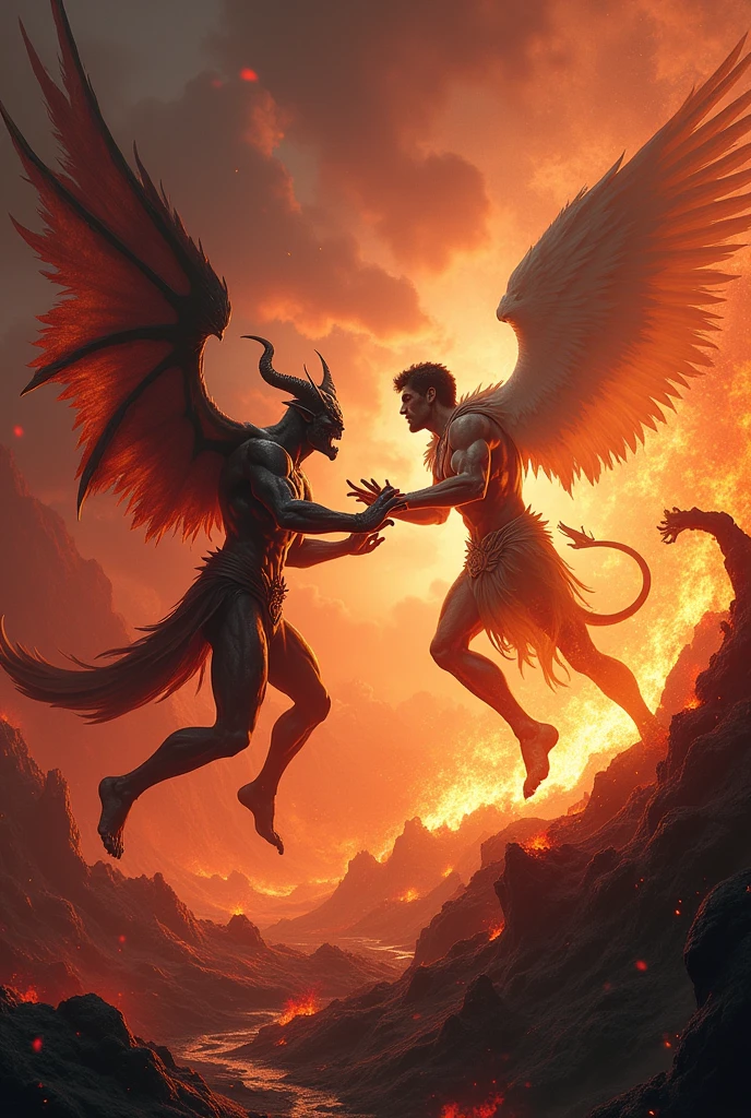Craft a hyper-realistic action scene with a symmetrical split: on the left, angels in pastel tones with celestial lighting and finely detailed wings; on the right, demons in deep crimson shadows, with details highlighted by dim light. The style is intense watercolor, with evident brushstrokes and splatters adding dynamism. The composition must feature at least one prominently depicted angel and demon, with meticulously detailed expressions and anatomies to portray the battle's intensity. The opposing sides converge at the center, enhancing the contrast and climax of the conflict.