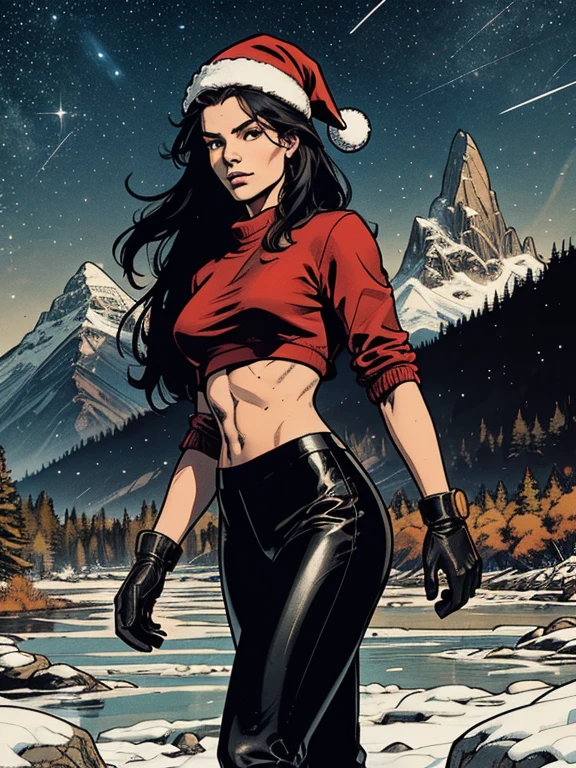 standing in a relaxed pose, long straight hair, wearing a white and red Santa hat, and a dark gray cropped sweatshirt, showing defined abs. She is wearing black leather pants and dark gloves with a watch. The background features a serene outdoor environment with a river, stones, Trees, and snowy mountain peaks under a starry sky. Lighting comes predominantly from the right, creating a soft shadow on the left side of your body. The atmosphere is calm and natural, With a touch of adventure. The photo is taken from a low angle, focused sharply on the subject, with a large depth of field capturing the detailed landscape.