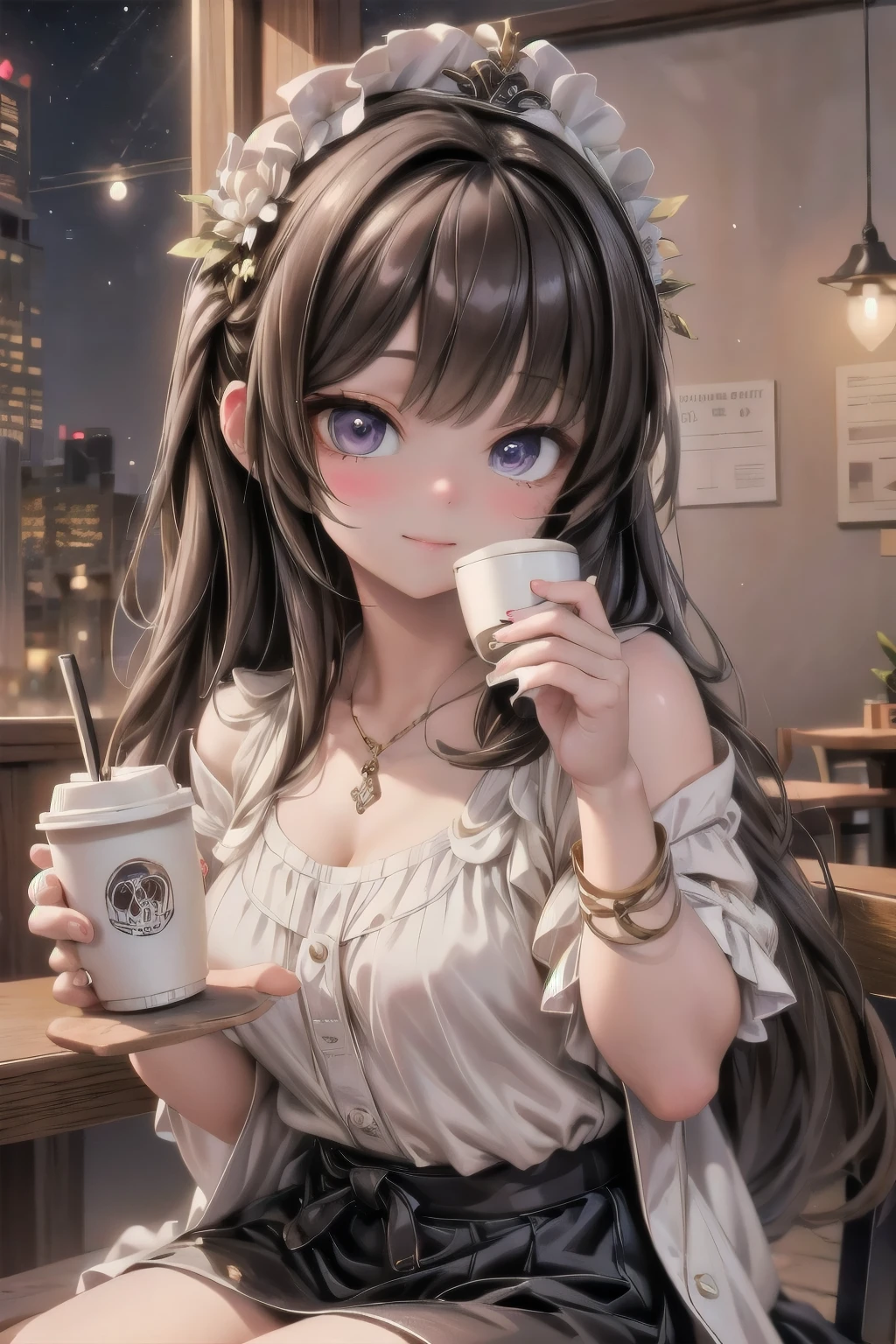 BEST QUALITY, MASTERPIECE, GODDESS DRINKING COFFEE AT A COFFE SHOP, NIGHT coffee shop, 