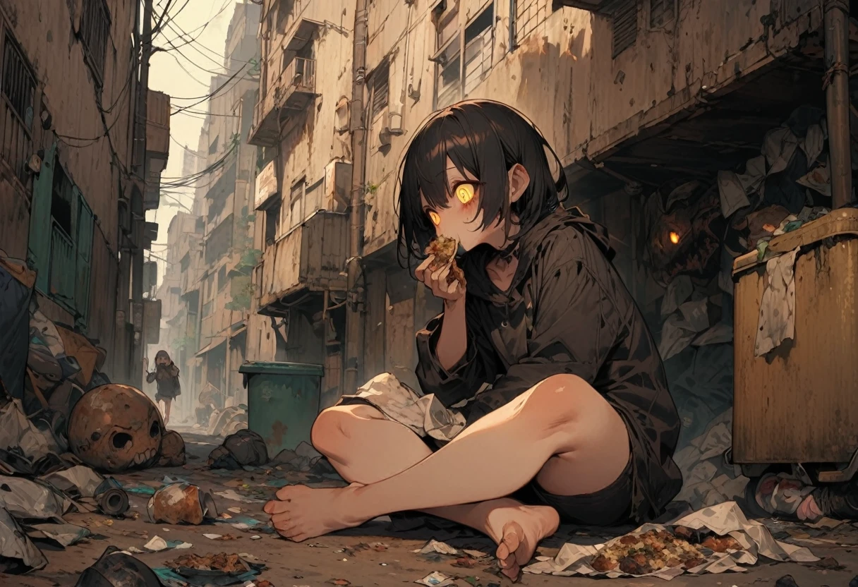 High resolution, masterpiece, Highest quality, Gothic Horror, Half demon girl, Alien, Glittering eyes, Eating leftovers, Wearing rags, barefoot, corrosion, Slums, Garbage dump, Alienの住人