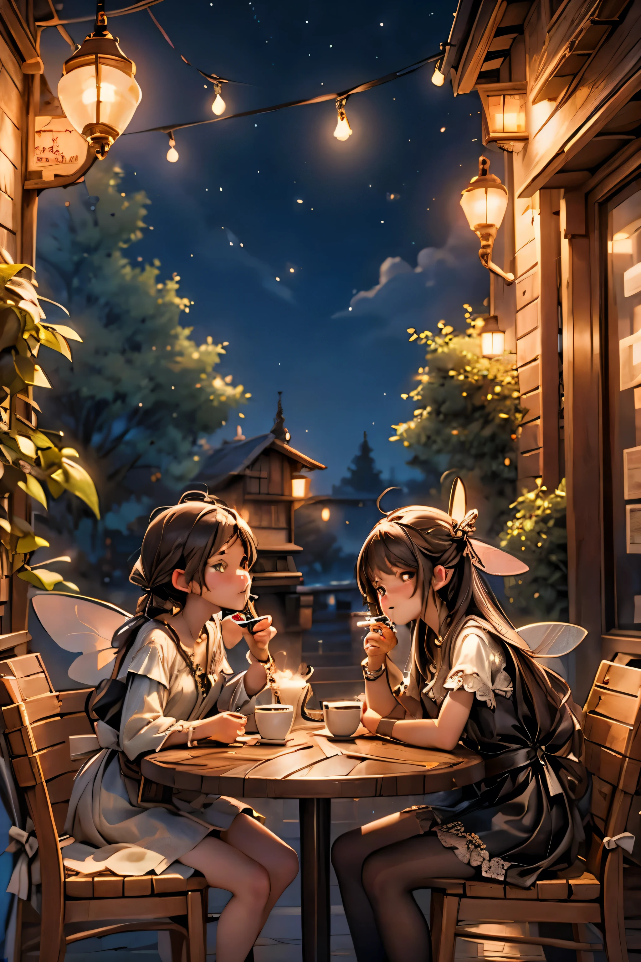 BEST QUALITY, MASTERPIECE, FAIRIES DRINKING COFFEE AT A COFFE SHOP, NIGHT coffee shop, 