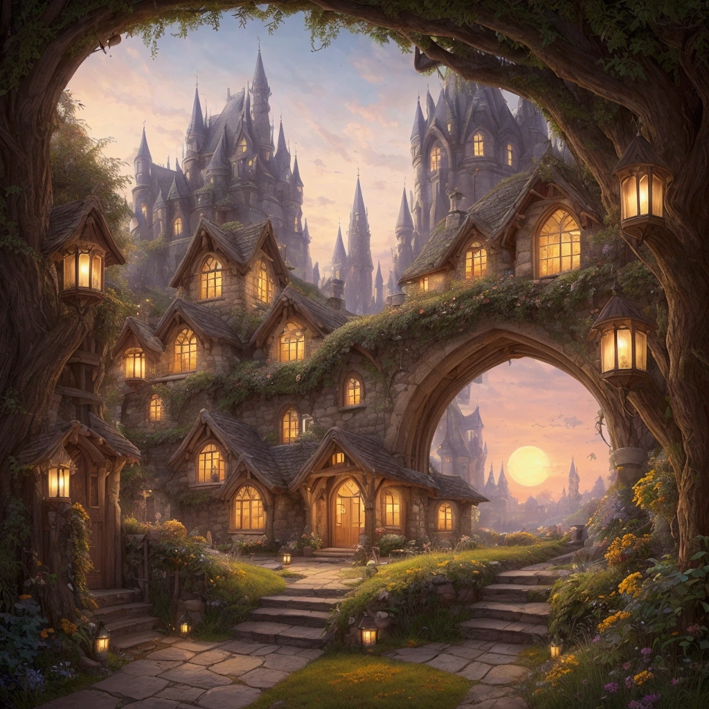 A whimsical fantasy landscape painting depicts an enchanting village with five fairy-tale-like towers and cottages, all featuring pointed blue rooftops and warm, glowing windows. The central tower is the tallest and most prominent, made of textured gray stone with numerous small windows, some of which are lit from within, emitting a soft amber glow. To its left stands a medium-sized tower with a similar design, while two smaller towers flank it on either side. On the far left, a smaller round tower with a wooden door and steps leading up to it is visible. The structures are surrounded by rolling hills covered in lush green grass, yellow flowers, and vibrant vegetation. A winding cobblestone path starts from the bottom center and leads towards the midground, bordered by lush greenery and small yellow flowers. Near the bottom right, two tiny human figures - one in a brown coat and the other in a blue skirt - appear to be holding hands and facing each other. Two conical blue structures, resembling small huts or tents, are nestled among the grass. Bare trees with twisted, textured bark and intricate patterns in dark brown and black frame the scene on both sides, adding to the mystical atmosphere. The background features a surreal sunset sky transitioning from burnt orange to amber yellow, adorned with a large, ringed celestial body resembling a moon or planet in the upper center. Smaller planets or moons are visible in the sky, enhancing the otherworldly quality. The overall mood is magical, serene, and slightly mysterious, with soft, diffused lighting that creates a dreamlike quality. The artist's style is characterized by smooth gradients, vivid colors, and an imaginative, fairytale-like quality, creating a rich, detailed, and inviting scene that blends fantasy with nature.