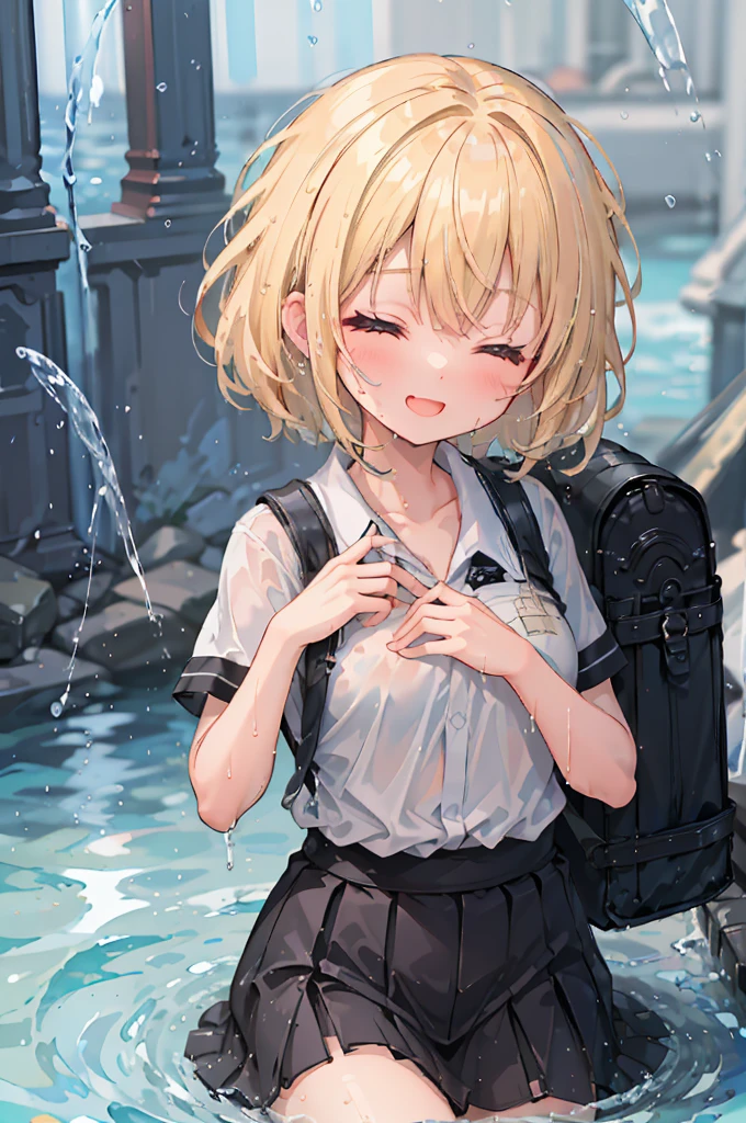 (8k, Highest quality, masterpiece: 1.2), Ultra-high resolution, 1 person, cute, Blonde, Close your eyes, Mouth open, Small breasts, blouse, shirt, Backpack, Ocean, deep, Soaking wet, Black underwear, ribbon, Gothic Long Skirt, A childlike smile, The best smile, Water up to my chest, big flood, splash, 