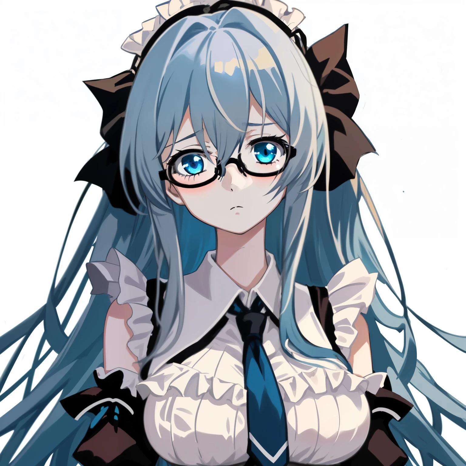 1girl, anime, cerulean_blue_long_hair, asymmetrical_bangs, standing, looking at the viewer, big_breasts, black_glasses, frilly_white_dress, loose_black_necktie 