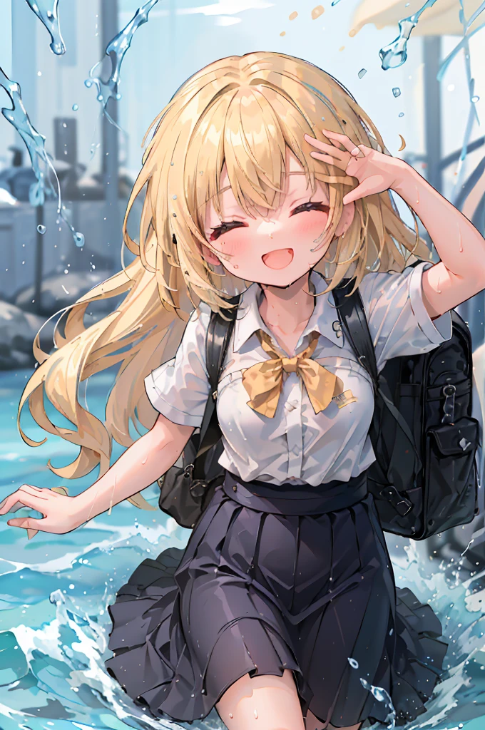 (8k, Highest quality, masterpiece: 1.2), Ultra-high resolution, 1 person, cute, Blonde, Close your eyes, Mouth open, Small breasts, blouse, shirt, Backpack, Ocean, deep, Soaking wet, Black underwear, ribbon, Gothic Long Skirt, A childlike smile, The best smile, Water up to my chest, big flood, splash, 