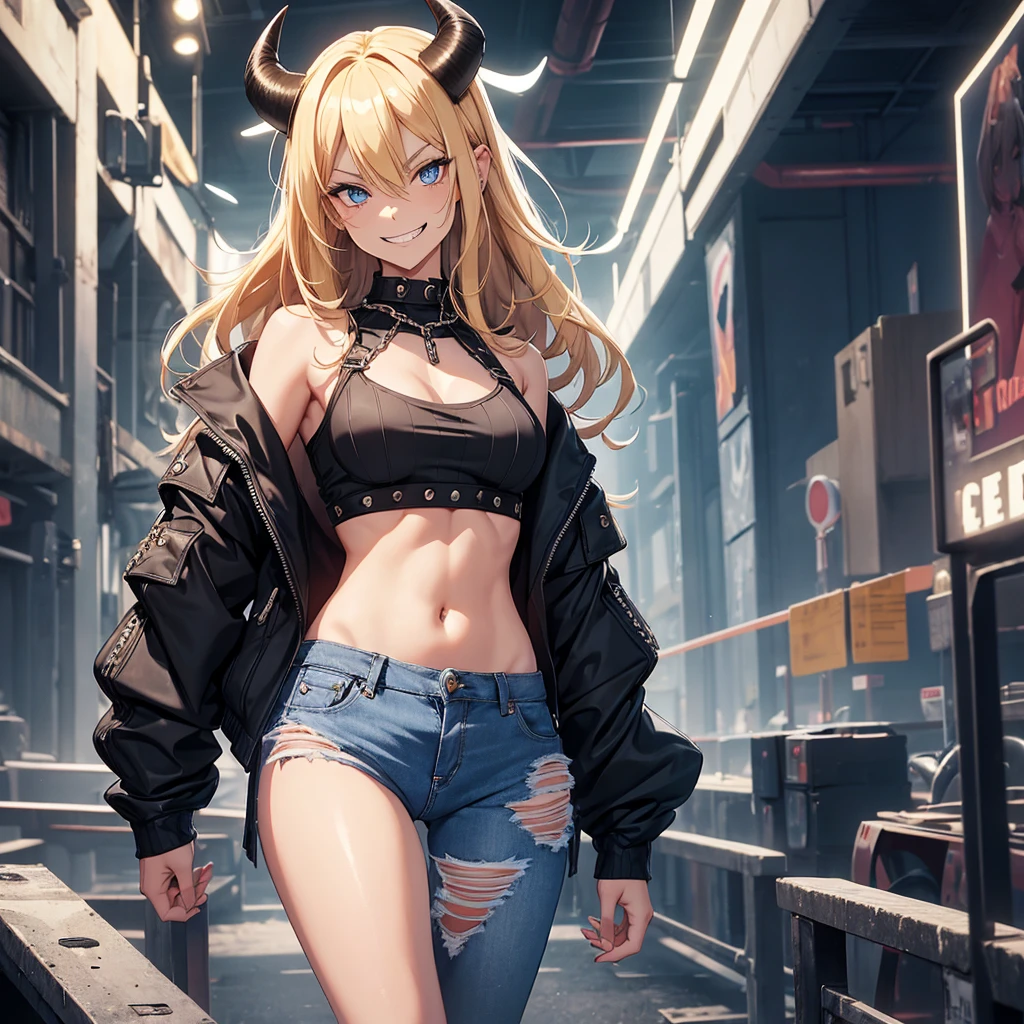 1girl, in full height (Body Full 1.1), Horns, smile, saw teeth, hairlong, looking a viewer, small breasts, punk, low cut jeans, blue eyes, Hair between the eyes, (with grinning shoulders:1.3), black Top transparent, blonde woman, boots, sexy clothes, chain accessories 