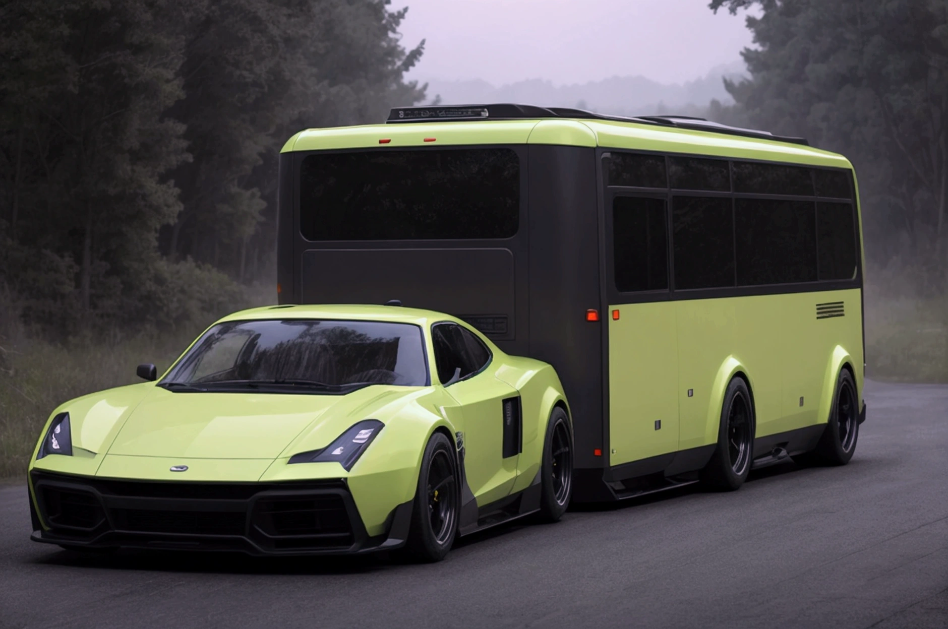 a lone future survivor rv, motorhome, highly detailed photographic image, vivid colors, red, green, blue, yellow, intense contrast, cinematic depth of field, masterfully composed, cinematic camera angle, quiet setting, wet floor, rain, photorealistic, 8k, studio lighting, physically-based rendering, extreme detail description, dramatic lighting, moody atmosphere, cinematic composition, environmental portrait