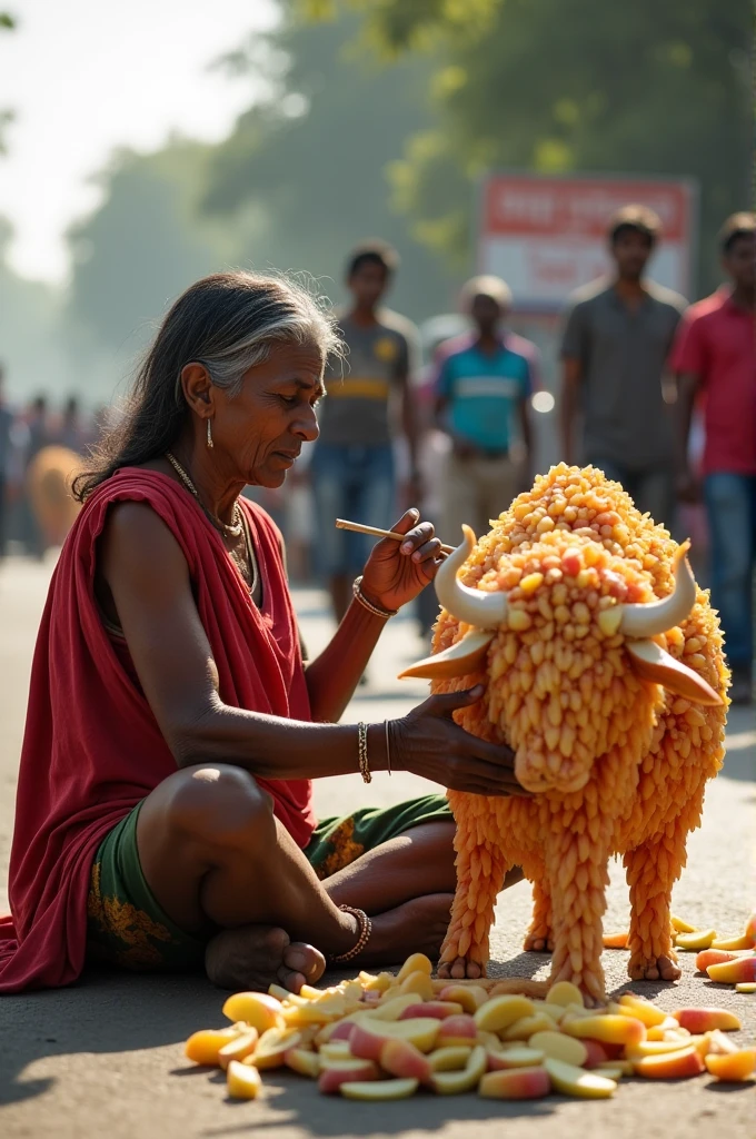 ek indian gareeb mahila rang birangi mirch se kabootar bana rahi hai kabootar apne par failaye bethaa hai aur bahut log uski is adbhut kalakari ko dekh rahe hai aur mosam bhi bahut suhana hai