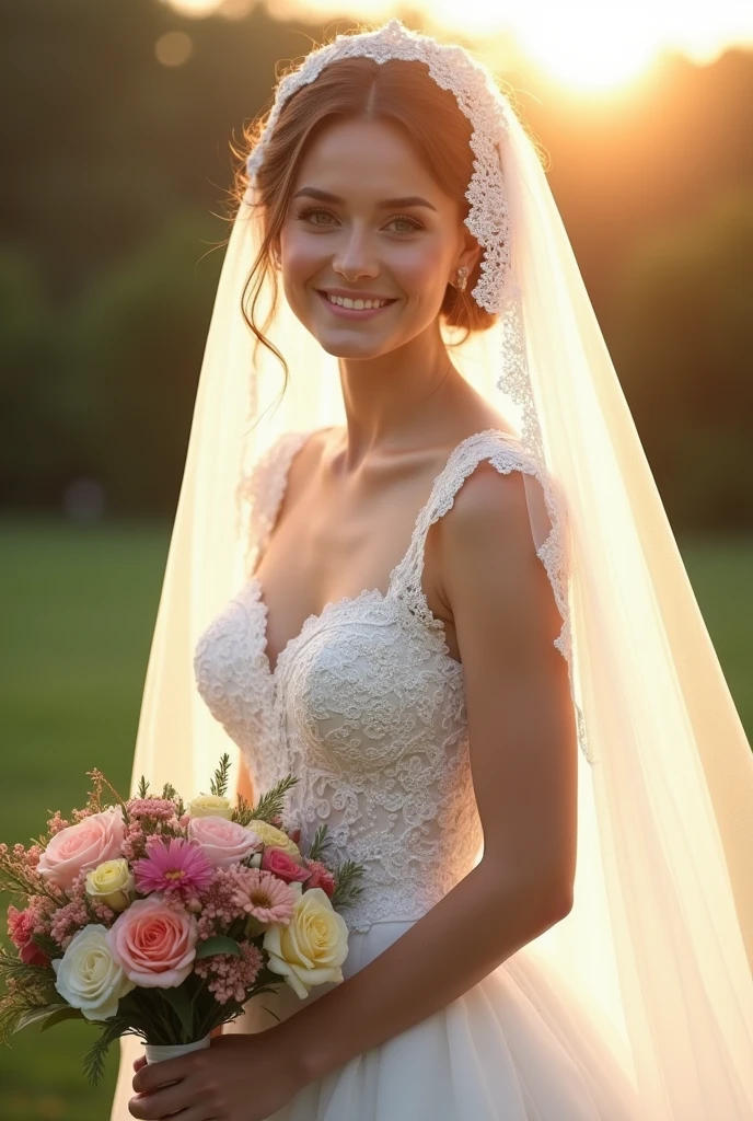 Rhona mitra, 1girl, realistic, solo, wedding dress, white dress, satin, lace, ballgown style, smiling, professional photograph, vibrant colors, balanced lighting, holding bouquet, cute, beautiful, perfect face, perfect hands , detailed, veil, tiara, hd, 8k, (masterpiece), best quality, expressive eyes, perfect face, Looking at viewer, Smile,