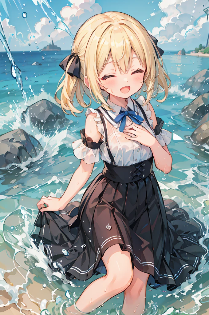 (8k, Highest quality, masterpiece: 1.2), Ultra-high resolution, 1 person, cute, Blonde, Close your eyes, Mouth open, Small breasts, Ocean, deep, Soaking wet, Black underwear, ribbon, Long skirt, A childlike smile, The best smile, Water up to my chest, big flood, splash, 