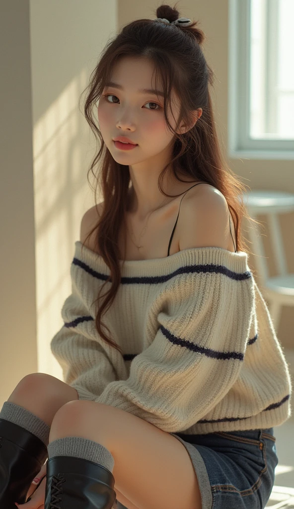 1 girl, short off-shoulder sweater, ((best quality)), ((masterpiece)), (detailed), young russian girl  sitting indoors ,spreading knees apart