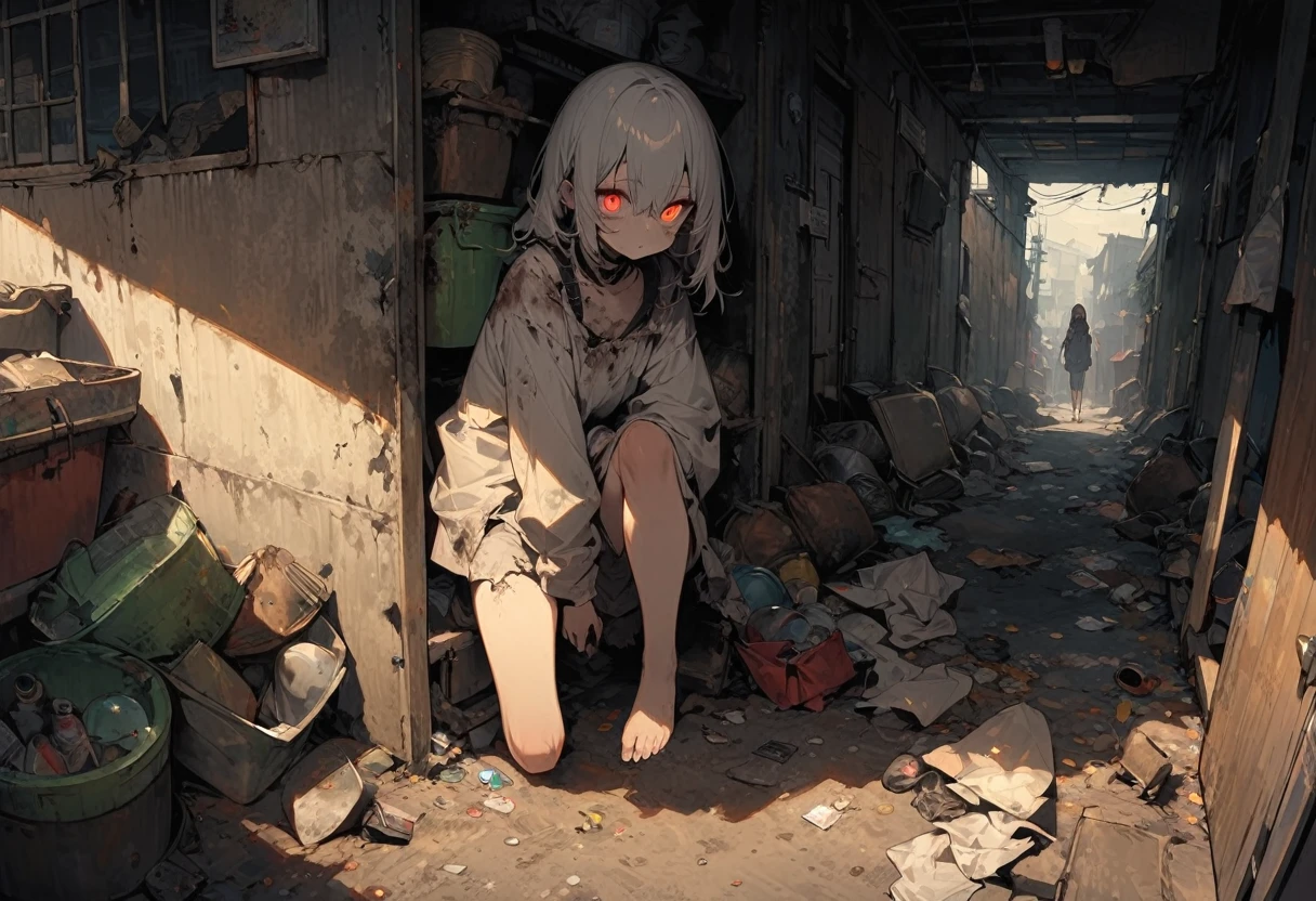 High resolution, masterpiece, Highest quality, Gothic Horror, Half demon girl, (Stray dog bleeding to death, Crying while holding a dead dog),  Bad look in the eyes, Alien, Glittering eyes, Wearing rags, barefoot, corrosion, Slums, Garbage dump, Alienの住人