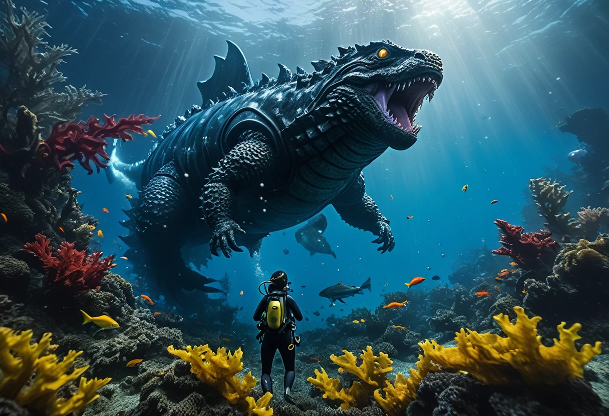 a cute yuna scuba diver in bikini, air tank, bubble stream, lurking in kelp, watching in awe and shock as godzilla battles fishy kaiju deep undersea, bloody battle, epic struggle, (best quality,4k,8k,highres,masterpiece:1.2),ultra-detailed,(realistic,photorealistic,photo-realistic:1.37),highly detailed, intricate details, cinematic lighting, dramatic composition, vivid colors, dynamic action