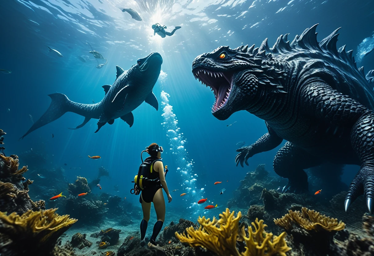 a cute yuna scuba diver in bikini, air tank, bubble stream, lurking in kelp, watching in awe and shock as godzilla battles fishy kaiju deep undersea, bloody battle, epic struggle, (best quality,4k,8k,highres,masterpiece:1.2),ultra-detailed,(realistic,photorealistic,photo-realistic:1.37),highly detailed, intricate details, cinematic lighting, dramatic composition, vivid colors, dynamic action