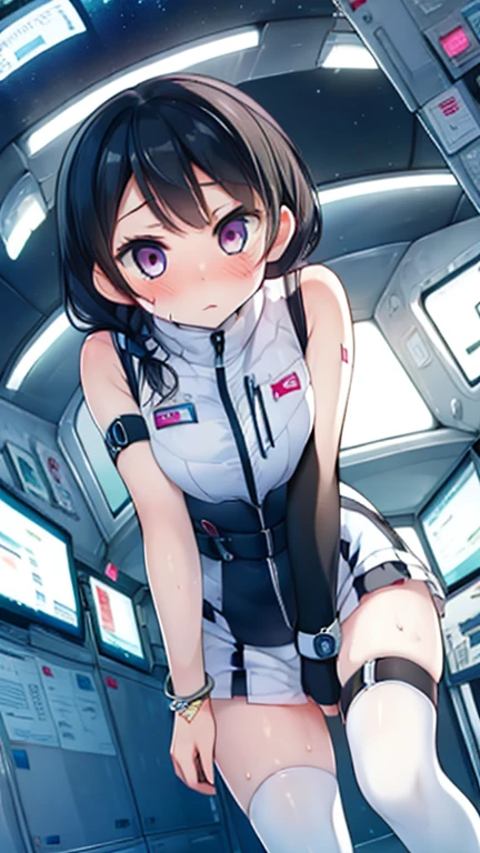 (Highest quality), (masterpiece), 1080P, High resolution, 4K, 8k, Inside the space station、Futuristic room、Thigh straps, Shooting from directly below, The woman on top of me, 白いSweat, Covered , Sweat, Woman looking down, Skirt swimsuit, Thigh-high socks, To achieve this, , , whole body, Black leather shoes, Braided hair, Inner Color, Embarrassed face, Short black hair, bracelet, Bedroom,celestial body_Vest