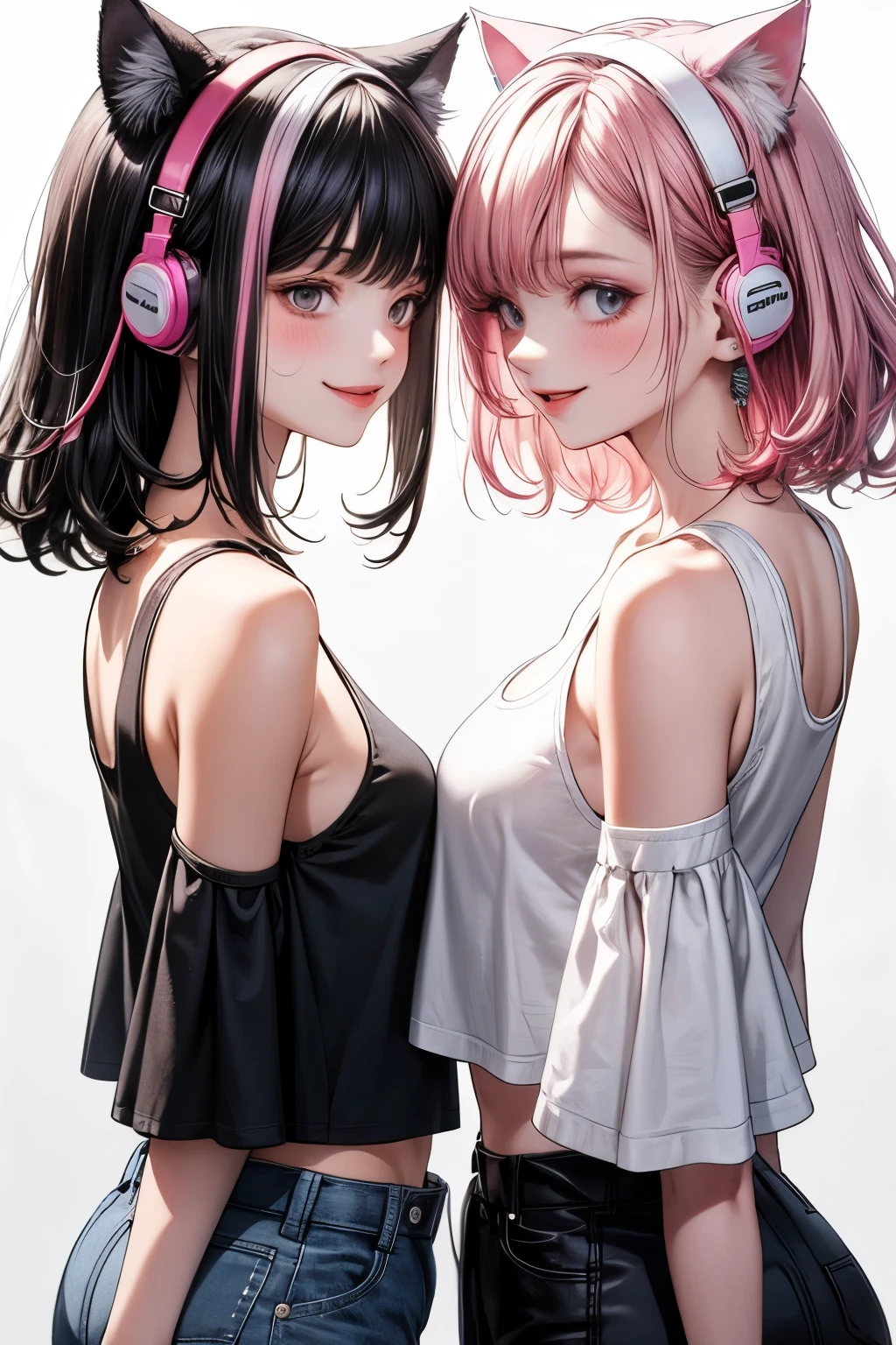 one , de corpo inteiro, two tone hair white and pink, cat ear headphones, face detailed, perfectbody, Tank top shirt, shorts curto, smiling, high resolution, super detaill, 8k, Overview, In a room