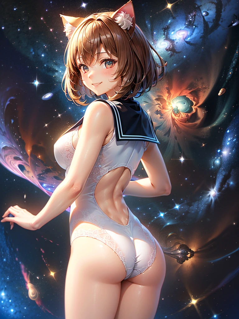 One girl, High resolution, Cat ear, accurate, masterpiece, 最high quality, High-resolution model, high quality, Textured skin, Shortcuts, Brown Hair, smile, Back view, (((Milky Way))),(((universe))),Sailor suit,tail,turn around,Bob Hair, (((ミニスカート))),