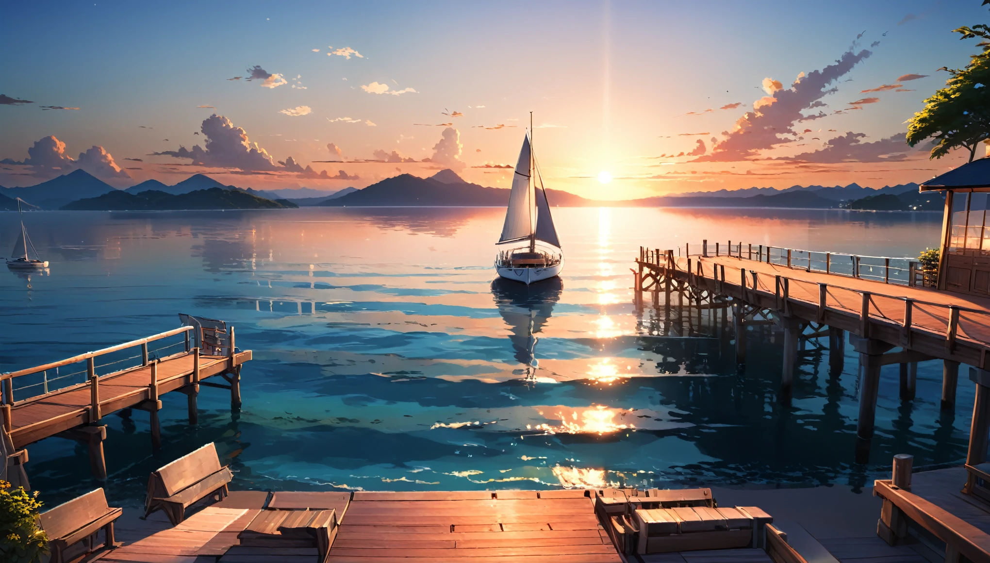 summer pier, sunset, sailboat, anime, cinematic lighting, 8k, ultra-detailed, masterpiece, divine proportion