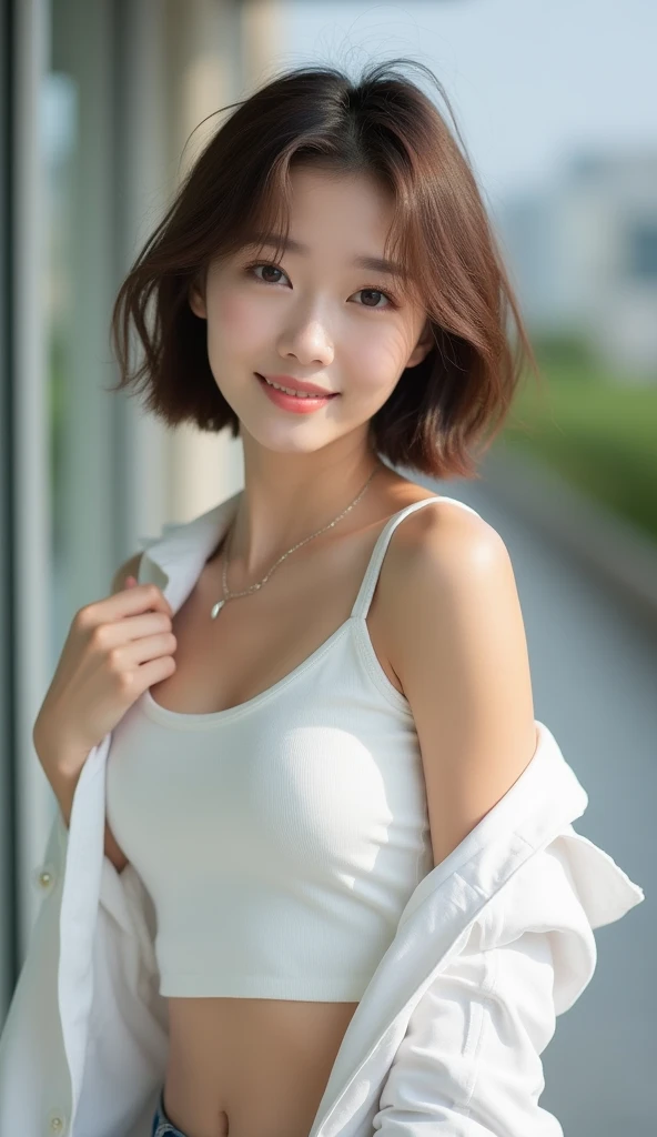 super high quality, smile, Slenderのネックレス, Slender, The staff is working at the counter in the back., (8k、RAW Photos、Highest quality、masterpiece:1.2), Stylish café, (Realistic、Photorealistic:1.37), Beautiful Face , Urban Cafe, Golden Ratio, Raw photo, Light Brown Hair, Small breasts, Bright cafe interior, Blurred Background, Famous actress, Summer clothes, Beautiful hairstyle, Photographed inside the cafe, Hair blowing in the wind, Neat clothes, T-Shirts, Very Short Hair, 18-year-old, Cool older sister, Stylish clothes,