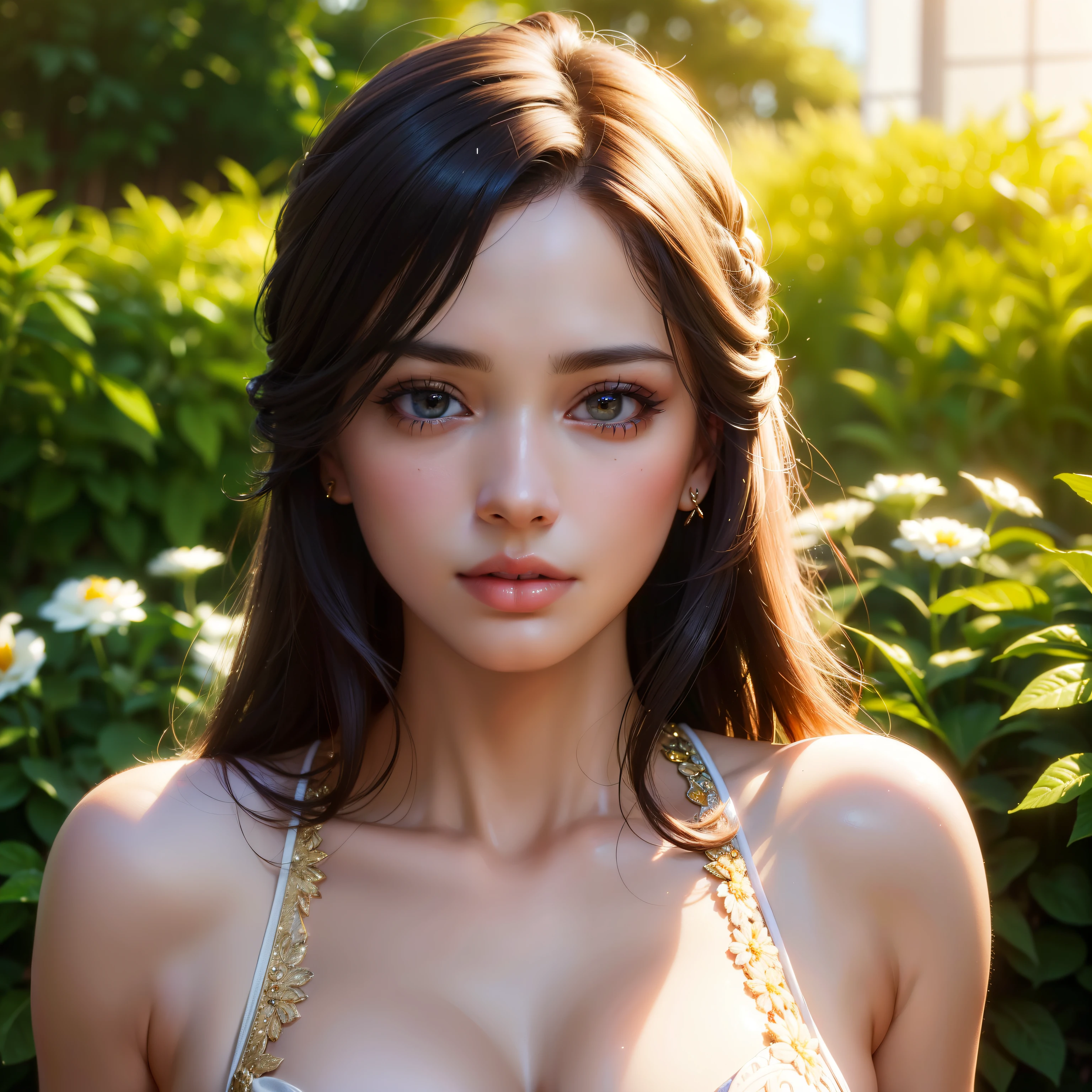 a woman, detailed portrait, beautiful detailed eyes, beautiful detailed lips, extremely detailed face and features, long eyelashes, elegant expression, serene, calm, peaceful, warm lighting, golden hour, dramatic lighting, cinematic, chiaroscuro, oil painting, impasto, (best quality, 4k, 8k, highres, masterpiece:1.2), ultra-detailed, (realistic, photorealistic, photo-realistic:1.37), vibrant colors, soft colors, warm tones, natural setting, garden, flowers, sunlight, depth of field