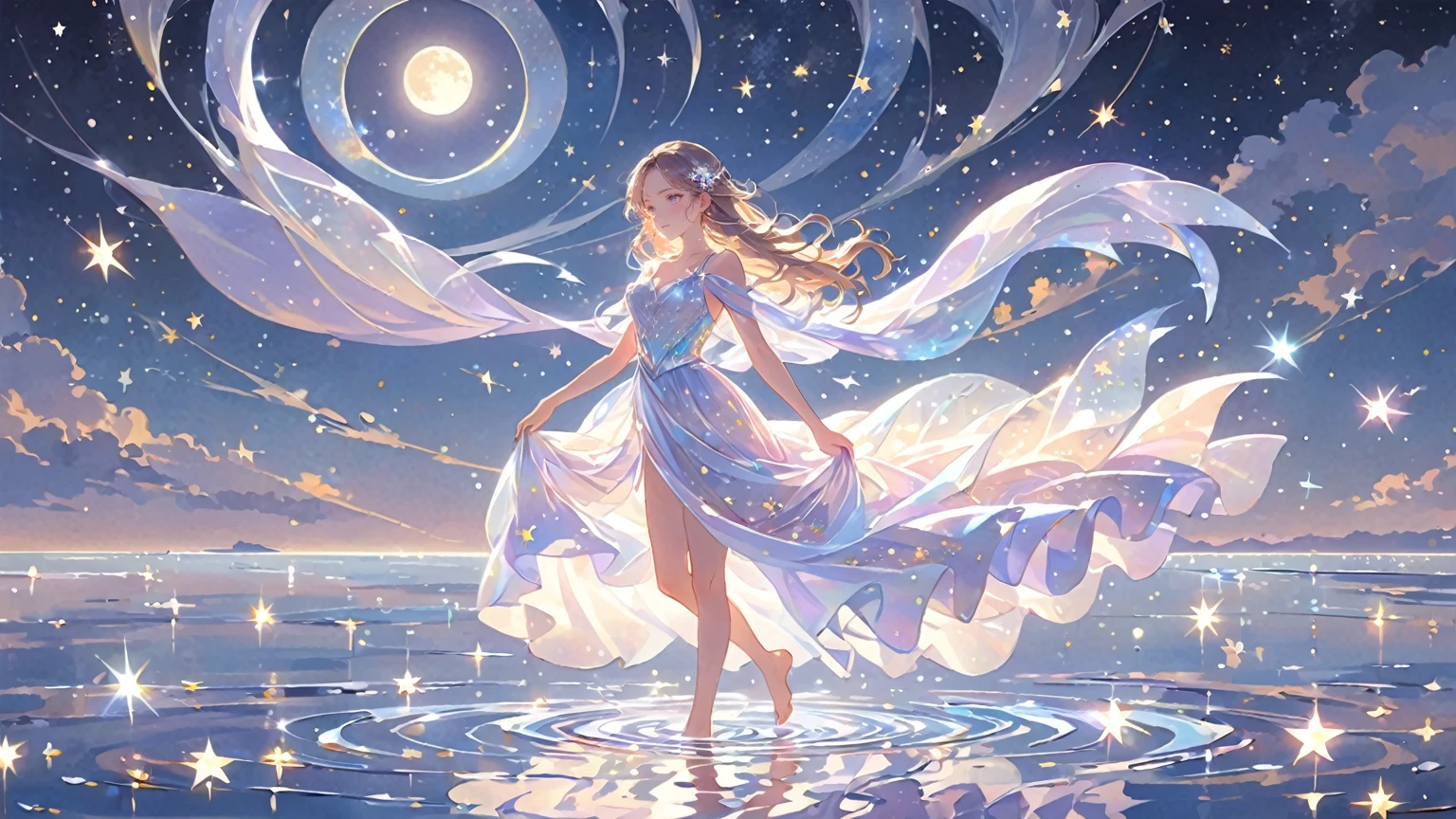 A girl standing alone under the starry night sky, with her silhouette illuminated by the soft moonlight and twinkling stars. Her face is beautifully detailed, with mesmerizing eyes that seem to reflect the universe itself, long and fluttering eyelashes, and exquisitely defined lips. She is dressed in an elegant gown, flowing and ethereal, embracing her figure gracefully as it glimmers with a subtle celestial glow. The intricate details of her dress catch the faint starlight, creating a mesmerizing sparkle. The surrounding landscape showcases a serene ocean. The air is filled with a gentle breeze, causing the fabric to sway delicately. The  is bathed in a warm, dreamy color palette, with hues of deep blues, purples, and hints of silver. The atmosphere is calm and tranquil, evoking a sense of peace and serenity. The artwork is of the highest quality, meticulously created with ultra-detailed brushstrokes and precise attention to every element. The texture and depth of the painting are breathtaking, with a sense of realism and photorealism that captures the awe-inspiring beauty of the night sky. The lighting is soft and diffused, casting a gentle glow over the entire scene, enhancing the magical ambiance. The girl's presence radiates a sense of mystery and wonder, as if she holds a secret connected to the celestial beings above. The overall composition evokes a feeling of timelessness and captures the essence of a StarSign, an artwork that embodies the celestial beauty and inner strength of a girl in harmony with the stars. Barefoot,walking on water