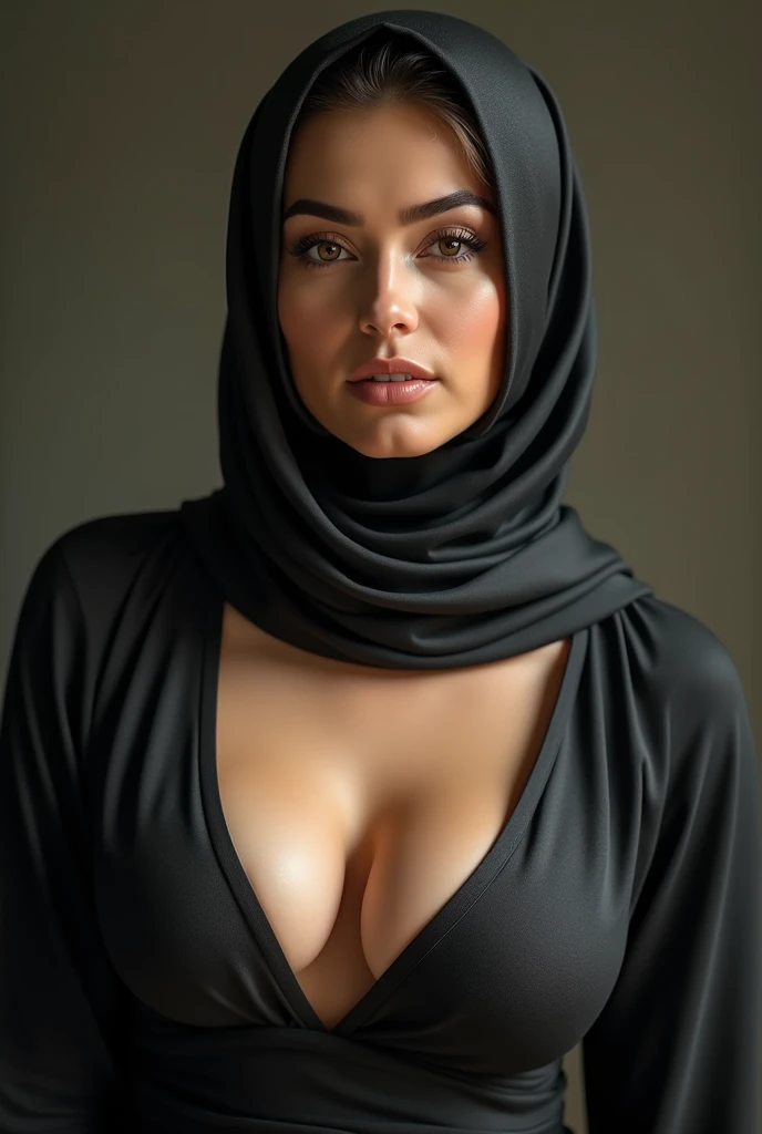(photorealism:1.2), portrait of an arabic woman wearing hijab, looking at camera, frontal view, expositing her breast, UHD, 4K, very high detail, hyperrealistic