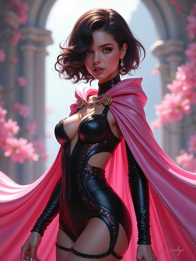 A woman, holding a magic wand, lace tulle tights, cape cape, broken cloak cape, full of magic, magic special effects, beautiful girl, model, beautiful body and face, attractive body, beautiful woman, ???? girl, gorgeous young woman, perfect body, ???? body, ???? body and face, beautiful body, beautiful model girl, ray tracing, bright colors, realistic style