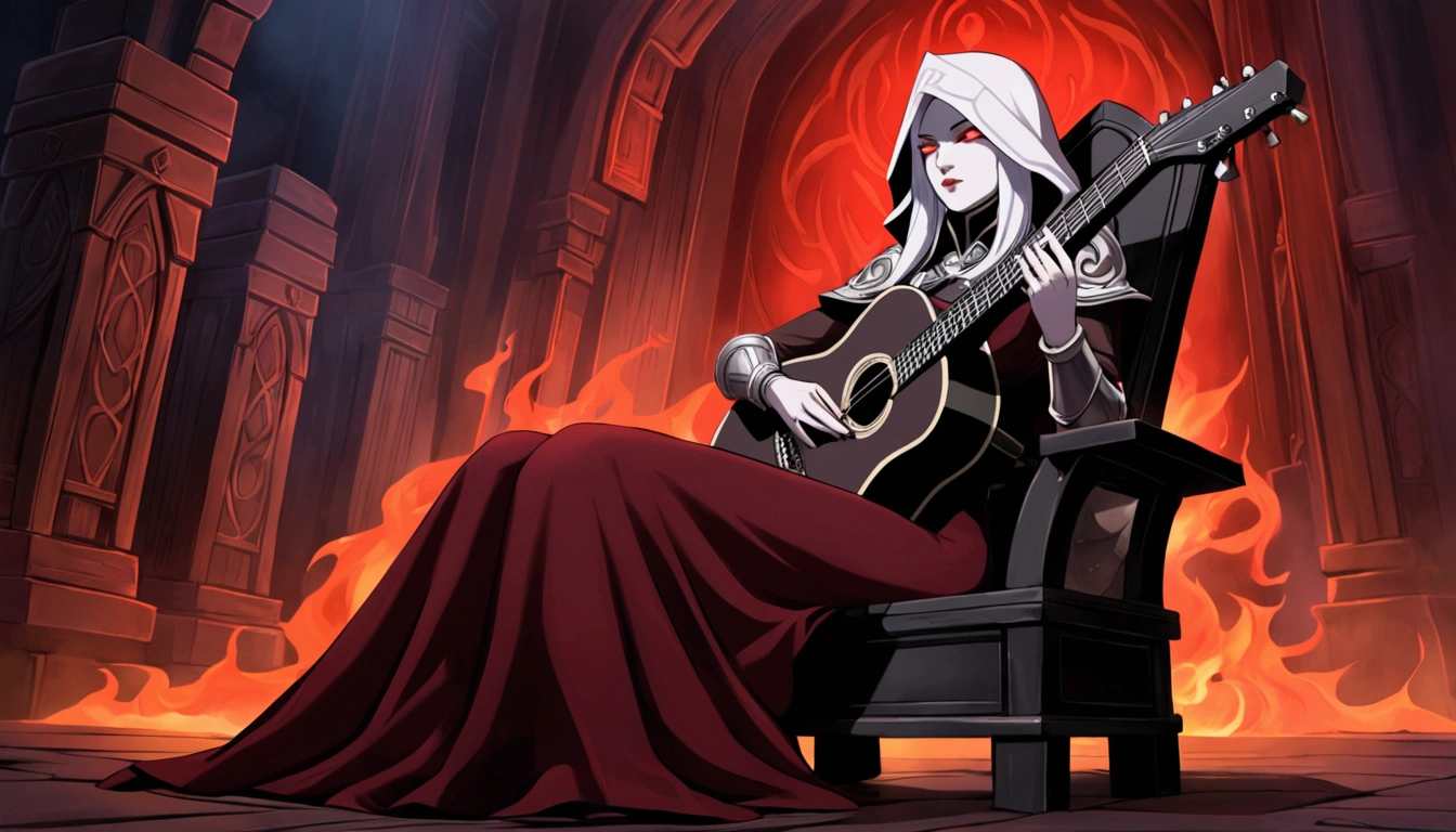 sylvanas windrunner, the legendary leader of the Renegades, sits on a dark wooden throne, surrounded by an aura of mystery and magic. in her hands, ela segura umthe guitar vermelha vibrante, its strings seemingly pulsing with supernatural energy. Os olhos dela, burning with supernatural intensity, look directly at the viewer, as if challenging them to come closer. Their long, white hair falls over the shoulders, framing her pale, ethereal face. Her lips, painted deep red, curves into an enigmatic smile, as if she kept secrets that only she knew. the guitar, that seems to have been created by magical hands, emits an intense red light that illuminates the environment around it. The strings vibrate with an energy that seems almost palpable, as if they were alive and responding to Sylvanas&#39; touch. No fundo, a dark and mysterious mist spreads, as if the night itself was closing in around Sylvanas. The atmosphere is charged with tension and anticipation, like something is about to happen. The image is a mixture of shadows and light, of mystery and magic, capturing the essence of sylvanas windrunner as an enigmatic and powerful creature.