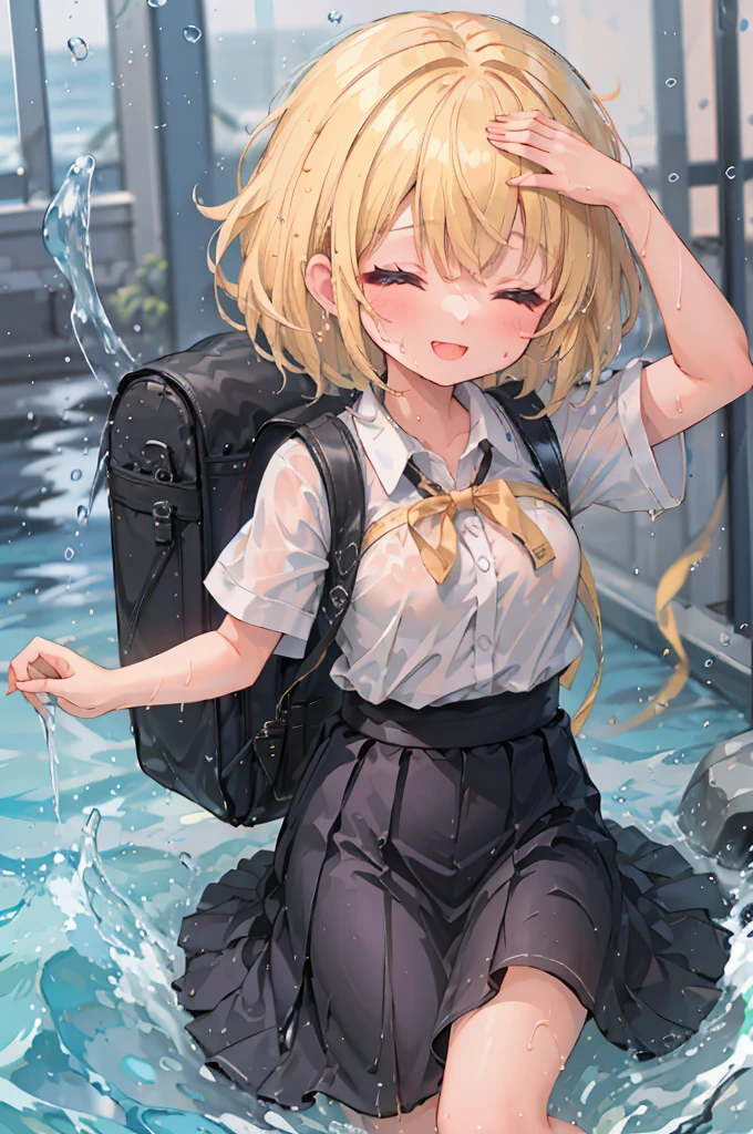 (8k, Highest quality, masterpiece: 1.2), Ultra-high resolution, 1 person, cute, Blonde, Close your eyes, Mouth open, Small breasts, blouse, shirt, Backpack, Ocean, deep, Soaking wet, Black underwear, ribbon, Gothic Long Skirt, A childlike smile, The best smile, Water up to my chest, big flood, splash, 