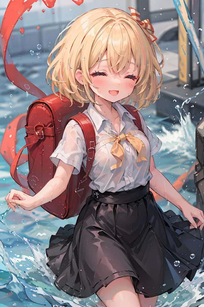 (8k, Highest quality, masterpiece: 1.2), Ultra-high resolution, 1 person, cute, Blonde, Close your eyes, Mouth open, Small breasts, blouse, shirt, Red Backpack, Ocean, deep, Soaking wet, Black underwear, Red ribbon, Gothic Long Skirt, A childlike smile, The best smile, Water up to my chest, big flood, splash, 