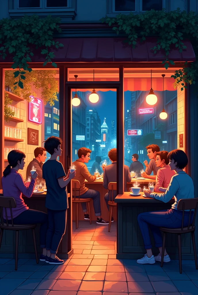 Style:  animation Character: four brazilians friends, male, 30 years old, blond, very happy, drinking wine, having a party and barbecue on the outside balcony of a three-story house overlooking the sea and beatiful sky  -imagine --auto --s2