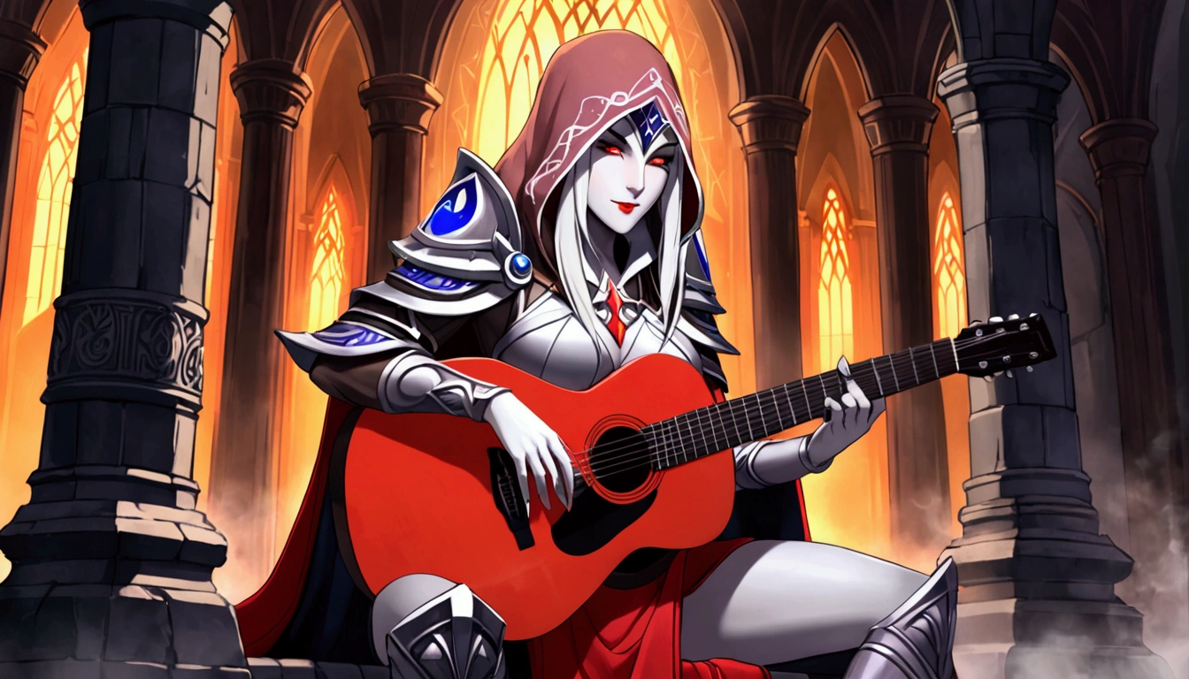 sylvanas windrunner, the legendary leader of the Renegades, sits on a dark wooden throne, surrounded by an aura of mystery and magic. in her hands, ela segura umthe guitar vermelha vibrante, its strings seemingly pulsing with supernatural energy. Os olhos dela, burning with supernatural intensity, look directly at the viewer, as if challenging them to come closer. Their long, white hair falls over the shoulders, framing her pale, ethereal face. Her lips, painted deep red, curves into an enigmatic smile, as if she kept secrets that only she knew. the guitar, that seems to have been created by magical hands, emits an intense red light that illuminates the environment around it. The strings vibrate with an energy that seems almost palpable, as if they were alive and responding to Sylvanas&#39; touch. No fundo, a dark and mysterious mist spreads, as if the night itself was closing in around Sylvanas. The atmosphere is charged with tension and anticipation, like something is about to happen. The image is a mixture of shadows and light, of mystery and magic, capturing the essence of sylvanas windrunner as an enigmatic and powerful creature.