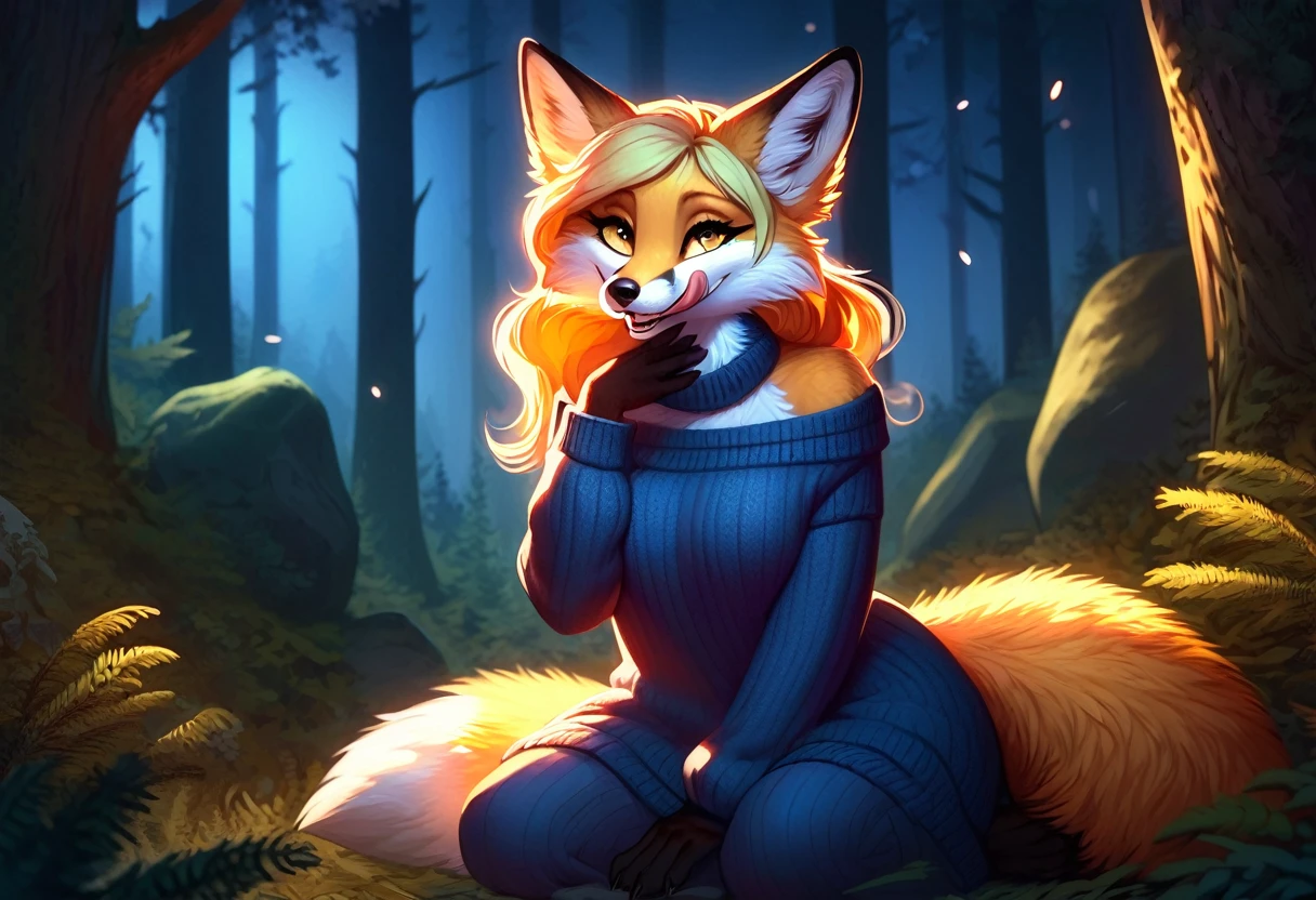 red fox, yellow fur, female, vixen, fox tail, gorgeous, majestic, elegant, mysterious, alluring, romantic, beautiful, sexy body, voluptuous, hair, yellow hair, yellow eyes, smile, smiling out of hilarity, laughing, giggling cutely, her hand covering her mouth from laughter, paw covering mouth, highest quality, high quality illustrations, masterpiece, Ultra-high resolution, Detailed Background, night, Absurd, Perfect Anatomy, performance, Good lighting, anthro, furry, in a forest, boulder, pine tree, plants, front view, on knees, looking at viewer with side eye, side gaze, head turned slightly away from viewer, smug grin, tongue out, licking lips, safe for work, wearing a cozy sweater