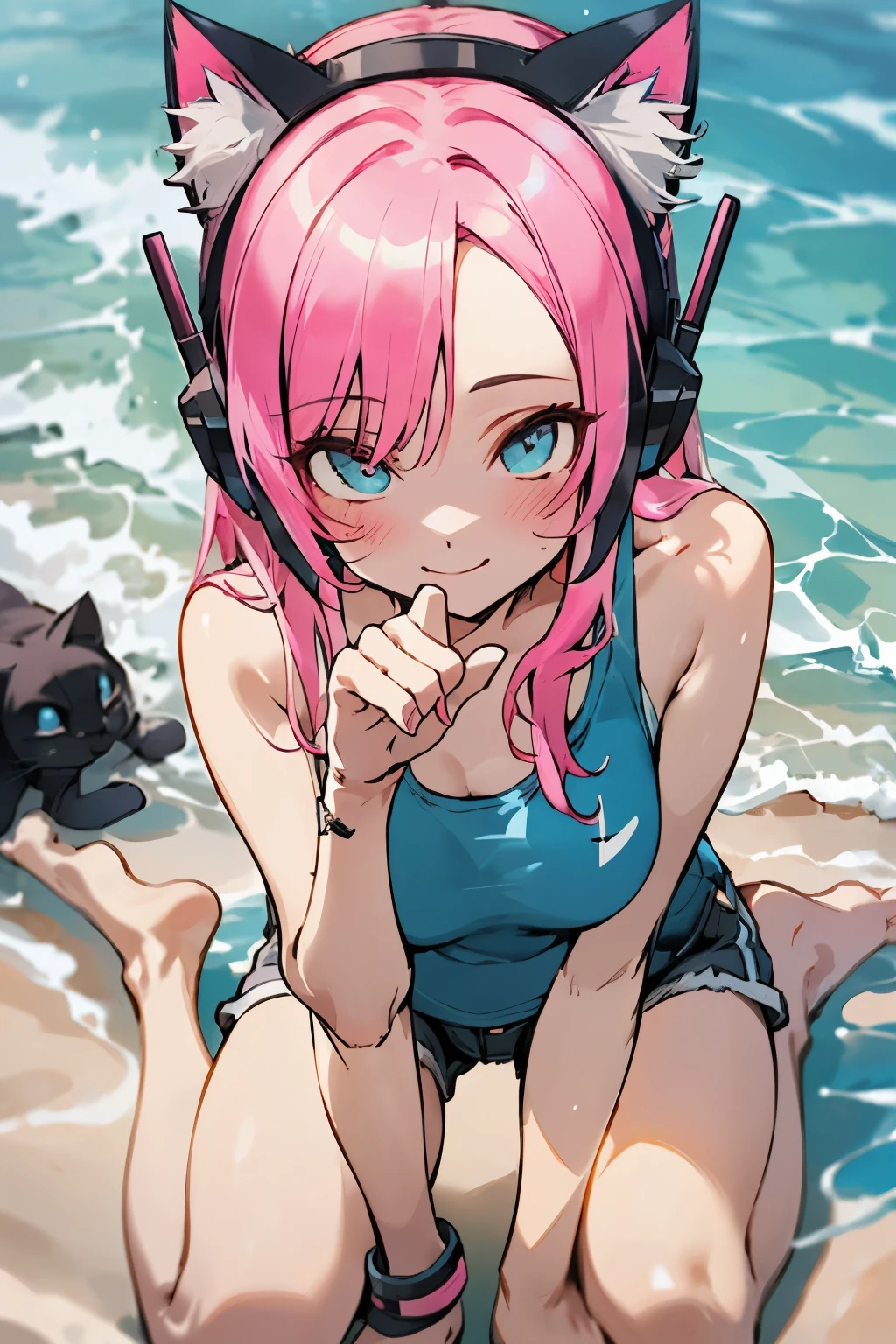 a full body woman, long two tone hair white and pink, cat ear headphones, face detailed, perfectbody, Tank top shirt, shorts curto, smiling, high resolution, super detaill, 8k, Overview, em uma praia