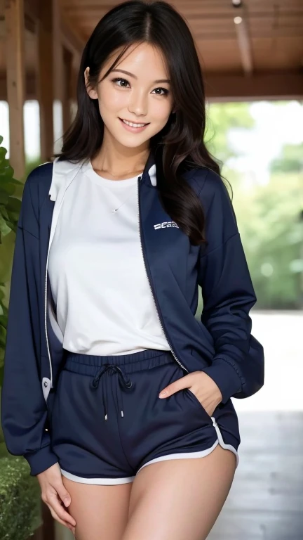 18 years old, Cute type, Young face, Big round eyes, Troubled face, Japanese Girls ,  (smile:0.7),  Gym suit, (Blue long sleeve hoodie), Food, (white High leg separate swimsuit) , Thin thighs,Thin waist, Thin thighs, Thin legs, Long legs, Very short hair , Short Bob, slender body, (High color saturation:1.0),  (Very detailedな肌), (highest quality:1.0), (Ultra-high resolution:1.0) ,(Realistic:1.0), (Very detailed:1.0), (8k, RAW Photos:1.1), ((locker room:1.3)),inverted nipples,