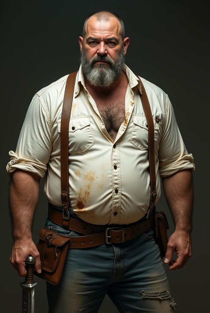 (8k, RAW photo, highest quality), shirtless, abs, no pants, 50 years old, hairy, chest hair, man in blacksmith outfit, tong, mustache, little beard, Wagner genshin impact, cinematic picture, super details, wallpaper picture, fantastic, masterpiece
