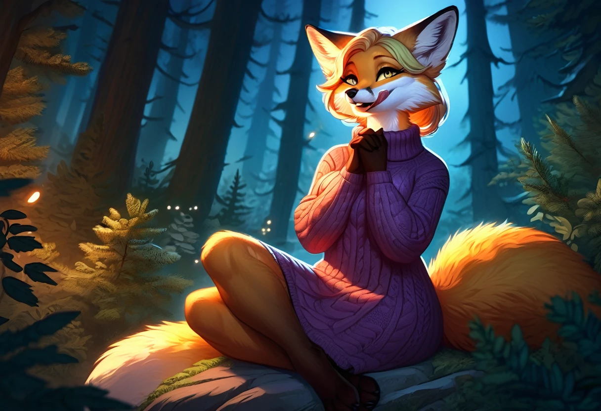 red fox, yellow fur, female, vixen, fox tail, gorgeous, majestic, elegant, mysterious, alluring, romantic, beautiful, sexy body, voluptuous, hair, yellow hair, yellow eyes, smile, smiling out of hilarity, laughing, giggling cutely, her hand covering her mouth from laughter, paw covering mouth, highest quality, high quality illustrations, masterpiece, Ultra-high resolution, Detailed Background, night, Absurd, Perfect Anatomy, performance, Good lighting, anthro, furry, in a forest, boulder, pine tree, plants, front view, crossed legs, spread legs, sitting with legs crossed, looking at viewer with side eye, side gaze, head turned slightly away from viewer, smug grin, tongue out, licking lips, safe for work, wearing a cozy sweater