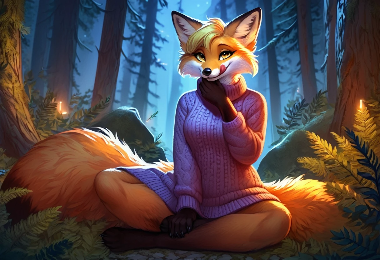 red fox, yellow fur, female, vixen, fox tail, gorgeous, majestic, elegant, mysterious, alluring, romantic, beautiful, sexy body, voluptuous, hair, yellow hair, yellow eyes, smile, smiling out of hilarity, laughing, giggling cutely, her hand covering her mouth from laughter, paw covering mouth, highest quality, high quality illustrations, masterpiece, Ultra-high resolution, Detailed Background, night, Absurd, Perfect Anatomy, performance, Good lighting, anthro, furry, in a forest, boulder, pine tree, plants, front view, crossed legs, spread legs, sitting with legs crossed, looking at viewer with side eye, side gaze, head turned slightly away from viewer, smug grin, tongue out, licking lips, safe for work, wearing a cozy sweater