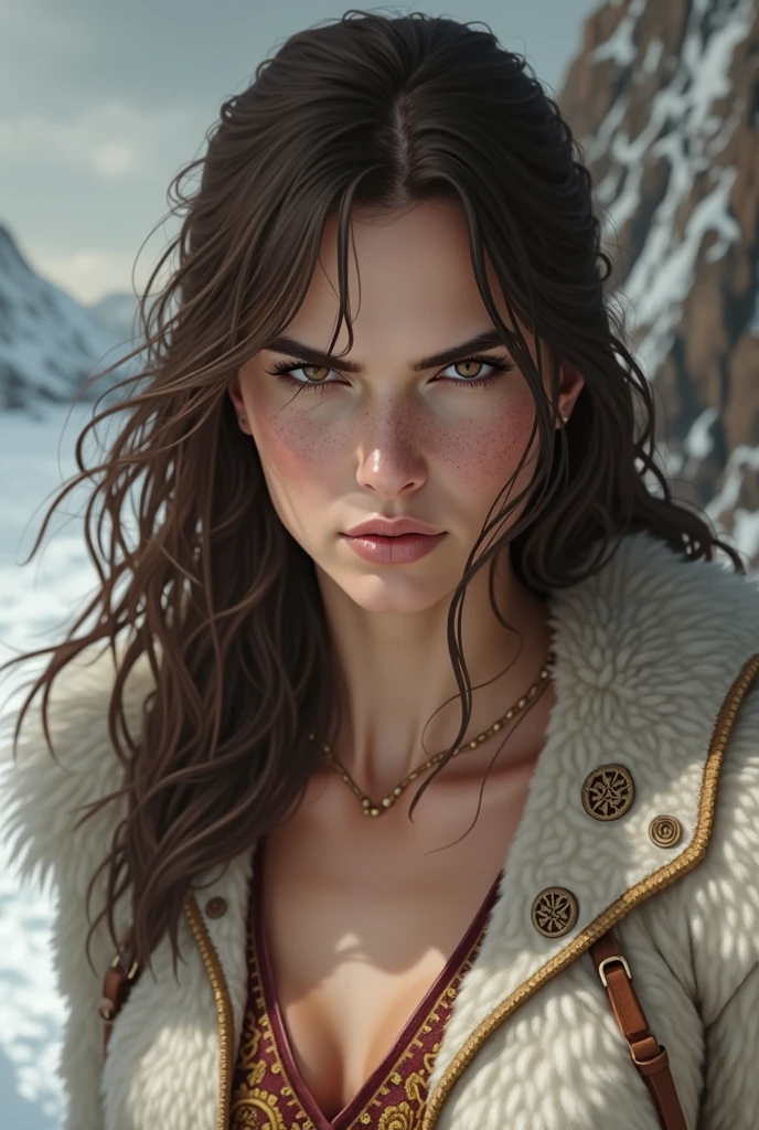 a naked handsome young pirate woman based on Zendaya, she is walking through snow covered mountains, she has short hair, she has small breasts, she has mysterious runes all over her body, French Renaissance painting style, cinematic, fantasy illustration, that showcases the best quality,4k,8k,highres,masterpiece:1.2,ultra-detailed,realistic:1.37,HDR,studio lighting,ultra-fine painting,sharp focus,physically-based rendering,extreme detail description,professional,vivid colors,bokeh,colorful and vibrant atmosphere