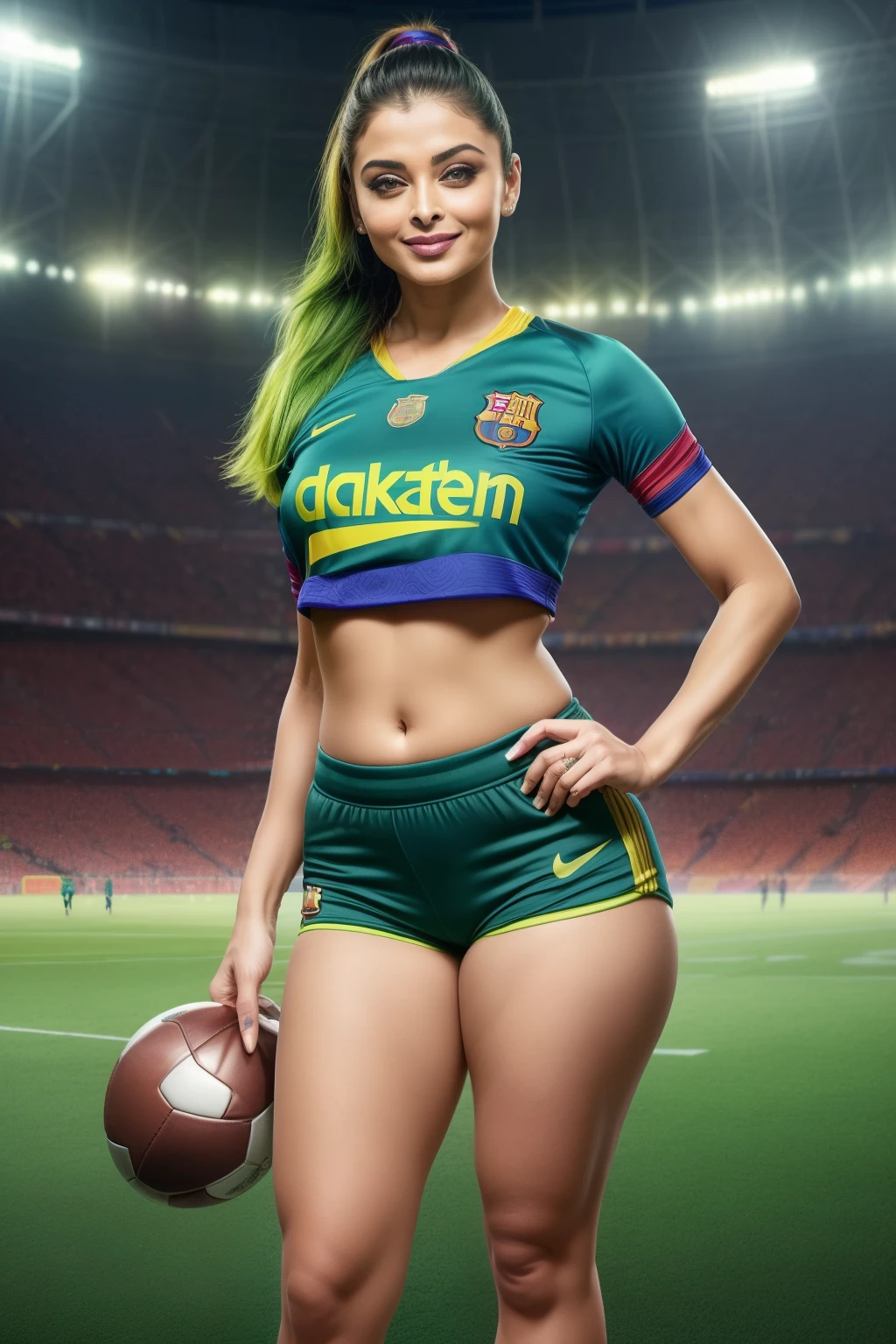 1girl, long hair, ponytail, barcelona football kit, earrings, jewelry, big breasts, (curvy), professional make-up, necklace, football stadium vacation, (cyberpunk), colorful, dynamic light, dynamic angle