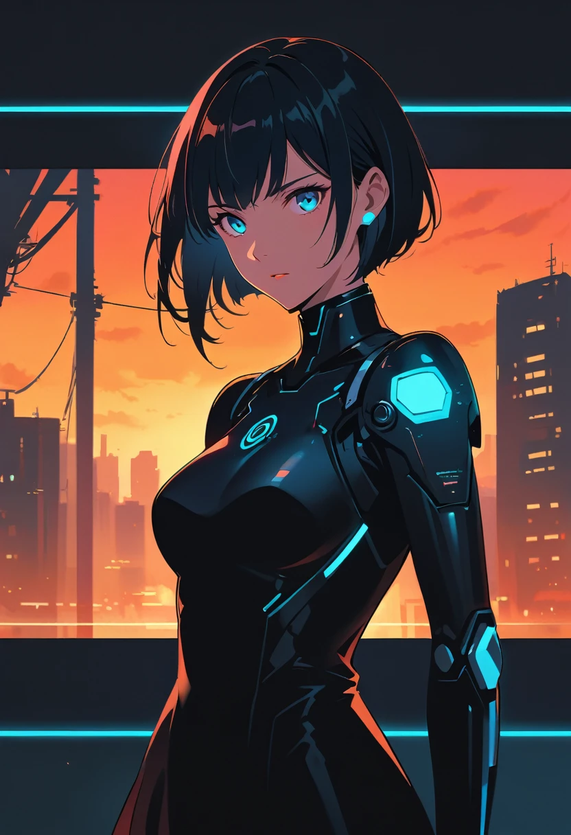 ((best quality)), ((masterpiece)), (detailed), A futuristic female android in a sci-fi movie setting on Mars. She has a white bob-cut hairstyle and wears a high-tech bodysuit with various advanced functionalities. The backdrop is a massive city on Mars, full of towering skyscrapers and glowing neon lights. The scene is set at night, with a dark sky contrasting with the vibrant city lights. The android stands confidently, her face displaying a neutral expression with a hint of mystery. The atmosphere is a mix of high-tech innovation and gritty realism, capturing the essence of human colonization on Mars.